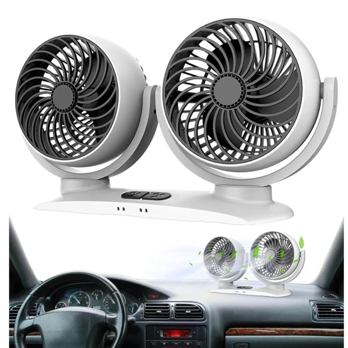 SEISA - Ventilador para Auto de Doble Cabezal 12V Giratorio - Blanco