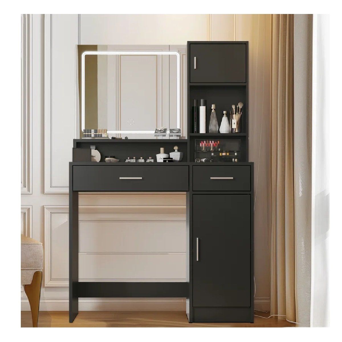 TU MESITA - Tocador Moderno TU MESITA Icarus color Negro 2 cajones 2 puertas espejo LED