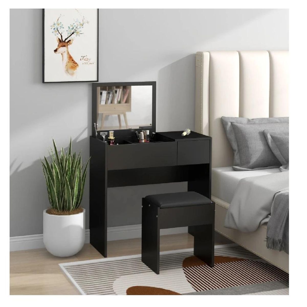 TU MESITA - Tocador Práctico TU MESITA Betsy color Negro 1 cajón 1 puerta mas espejo