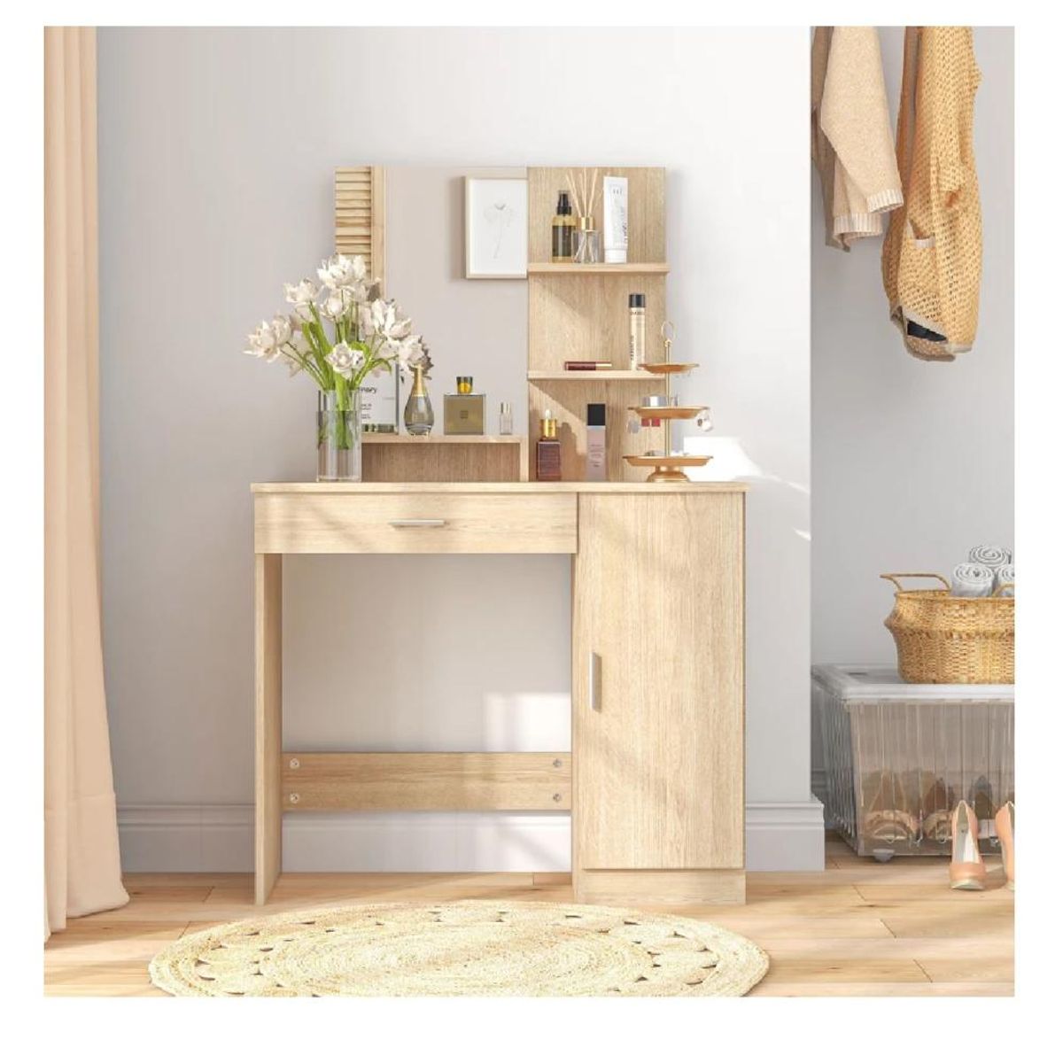 TU MESITA - Tocador Moderno TU MESITA Praga color Duna 1 cajón 1 puerta mas espejo