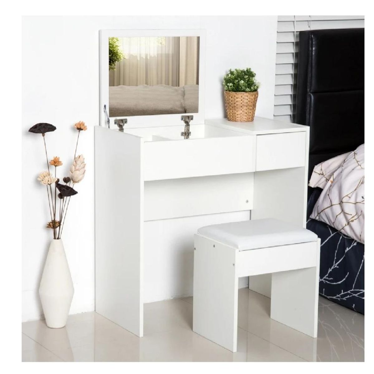TU MESITA - Tocador Práctico TU MESITA Betsy color Blanco 1 cajón 1 puerta mas espejo