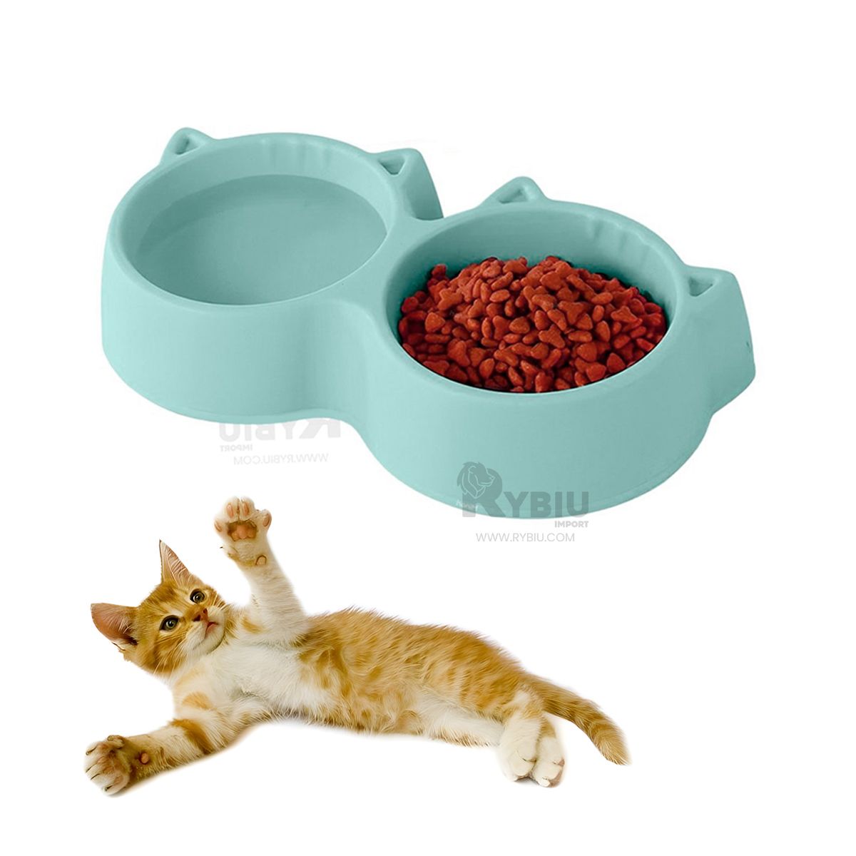 RYBIU IMPORT - Plato de Comida Doble para Gato en Celeste Y+Papel de Regalo