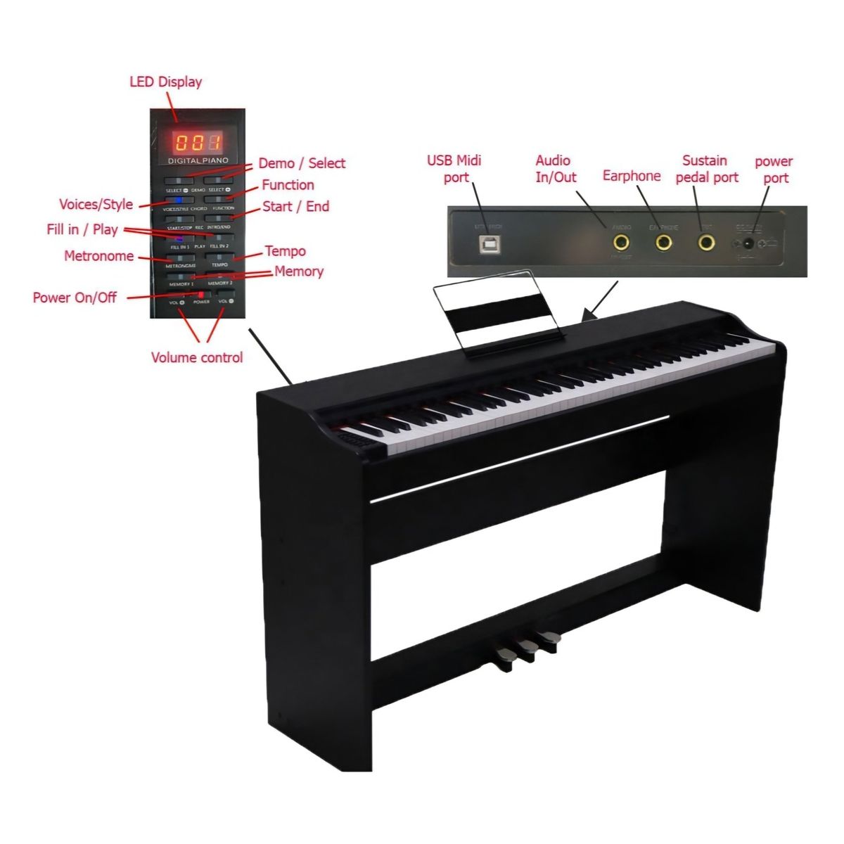 GENERICO - Piano digital negro 7 octavas con 88 teclas contrapesadas