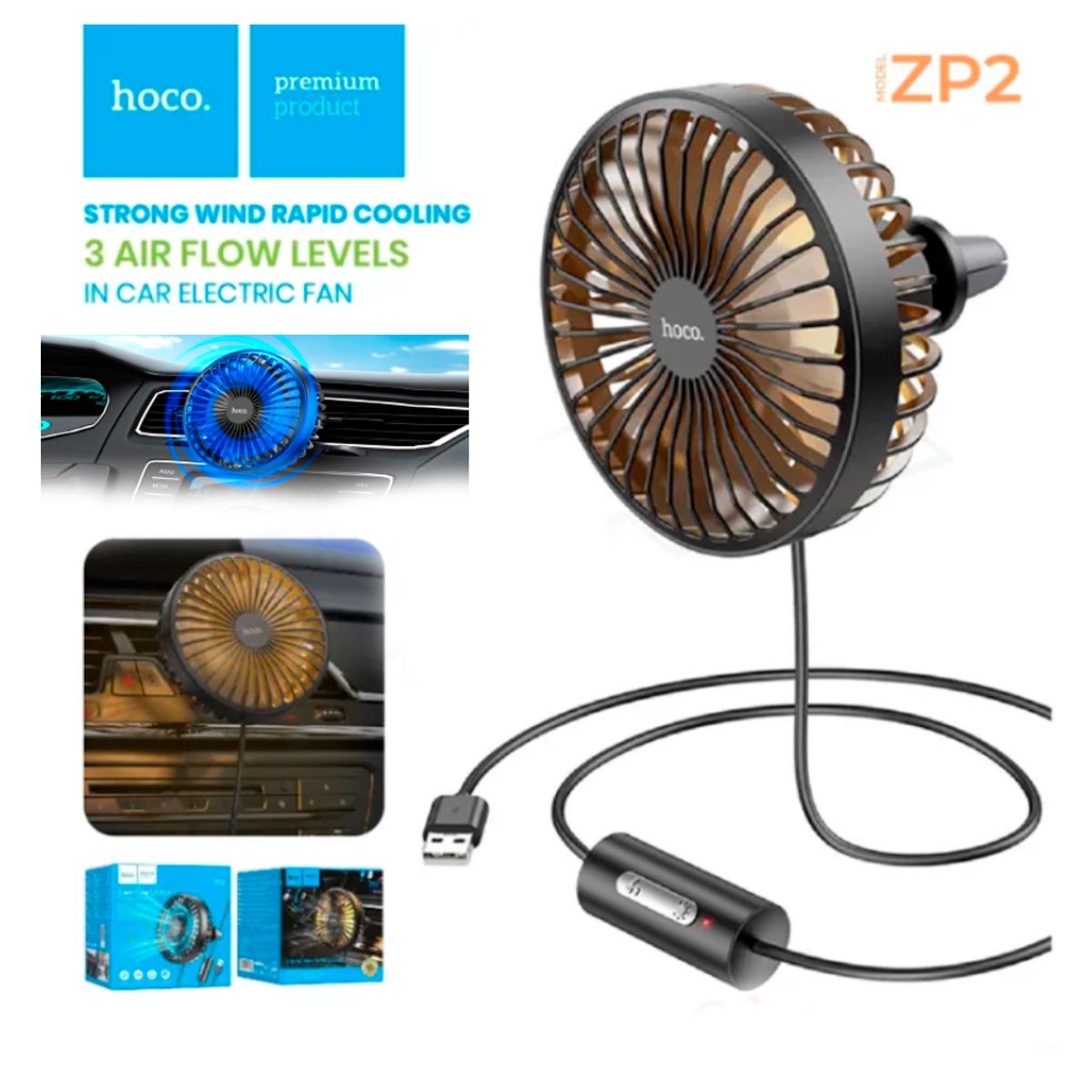 HOCO - Ventilador Con 3 Niveles De Aire para Auto - Portatil USB HOCO ZP2