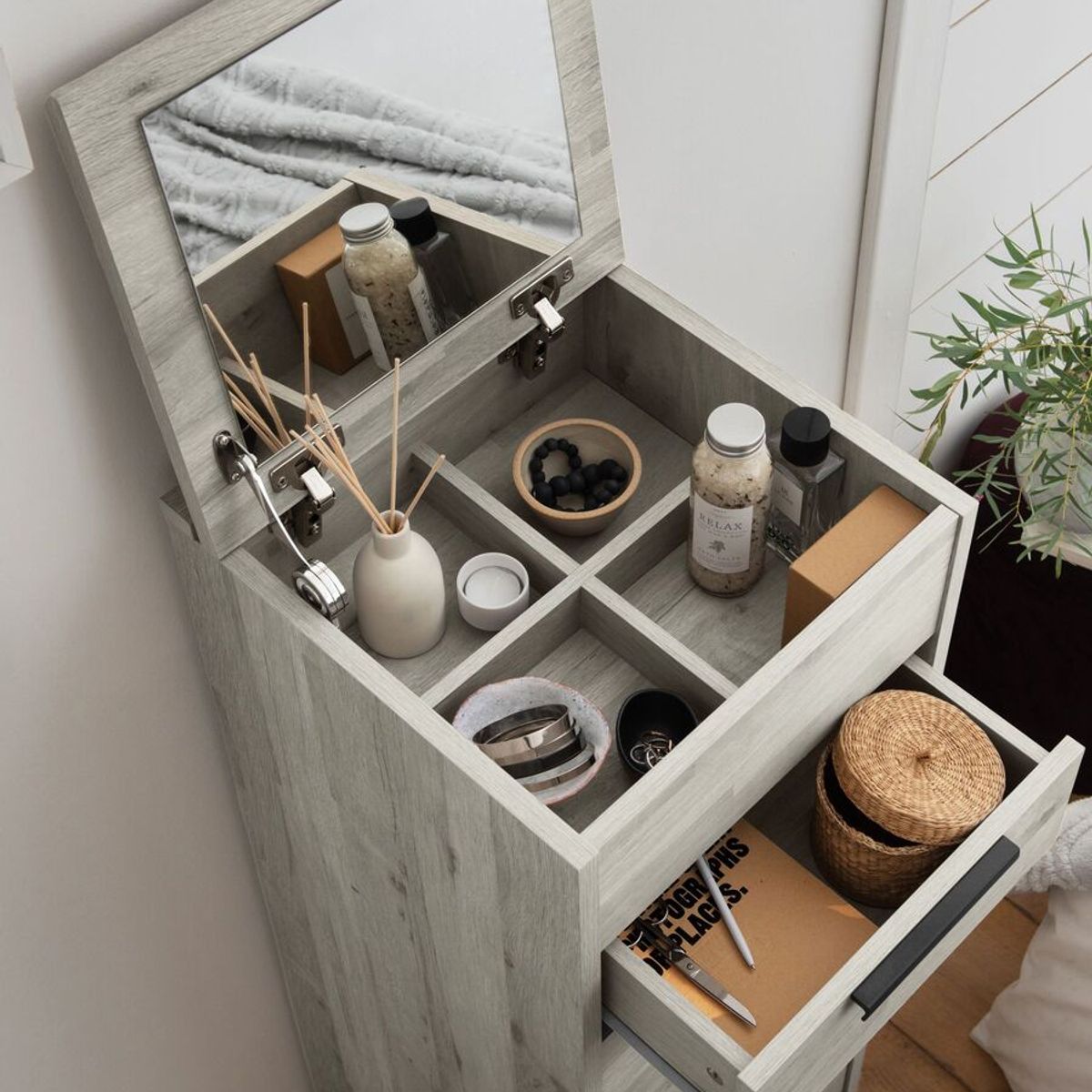 TU MESITA - Tocador Cómoda Rústica Vanity color Ceniza TU MESITA 4 cajones