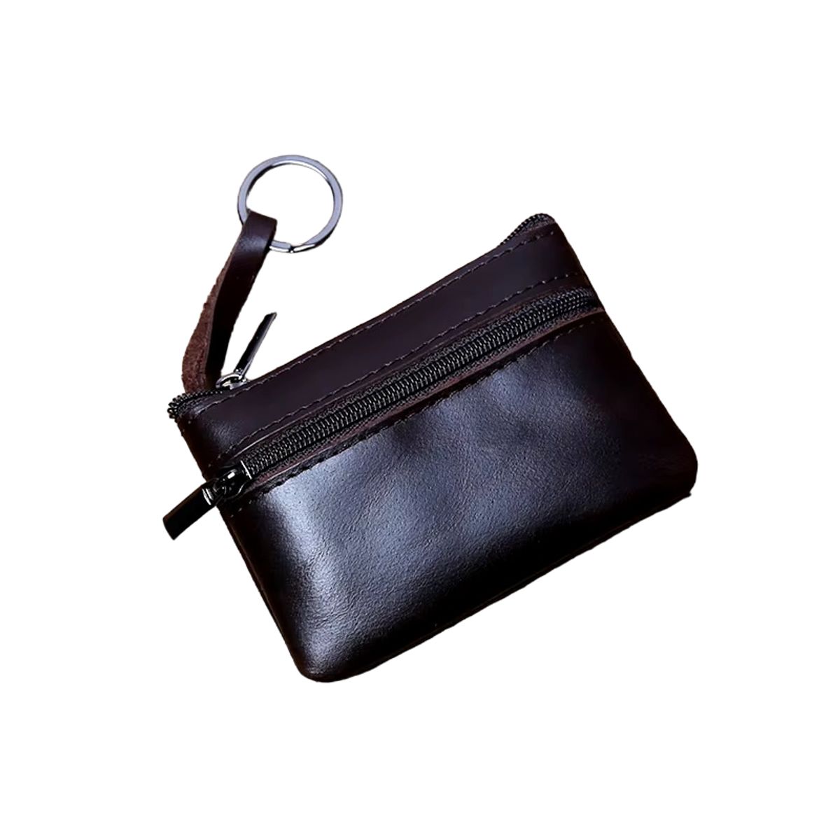 GENERICO - MONEDERO DE CUERO GENUINO CAFE CON ARO PARA LLAVES