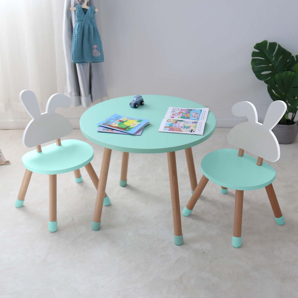 GULI GULI - SET DE MESA Y SILLAS DE MADERA MONTESSORI VERDE AGUA