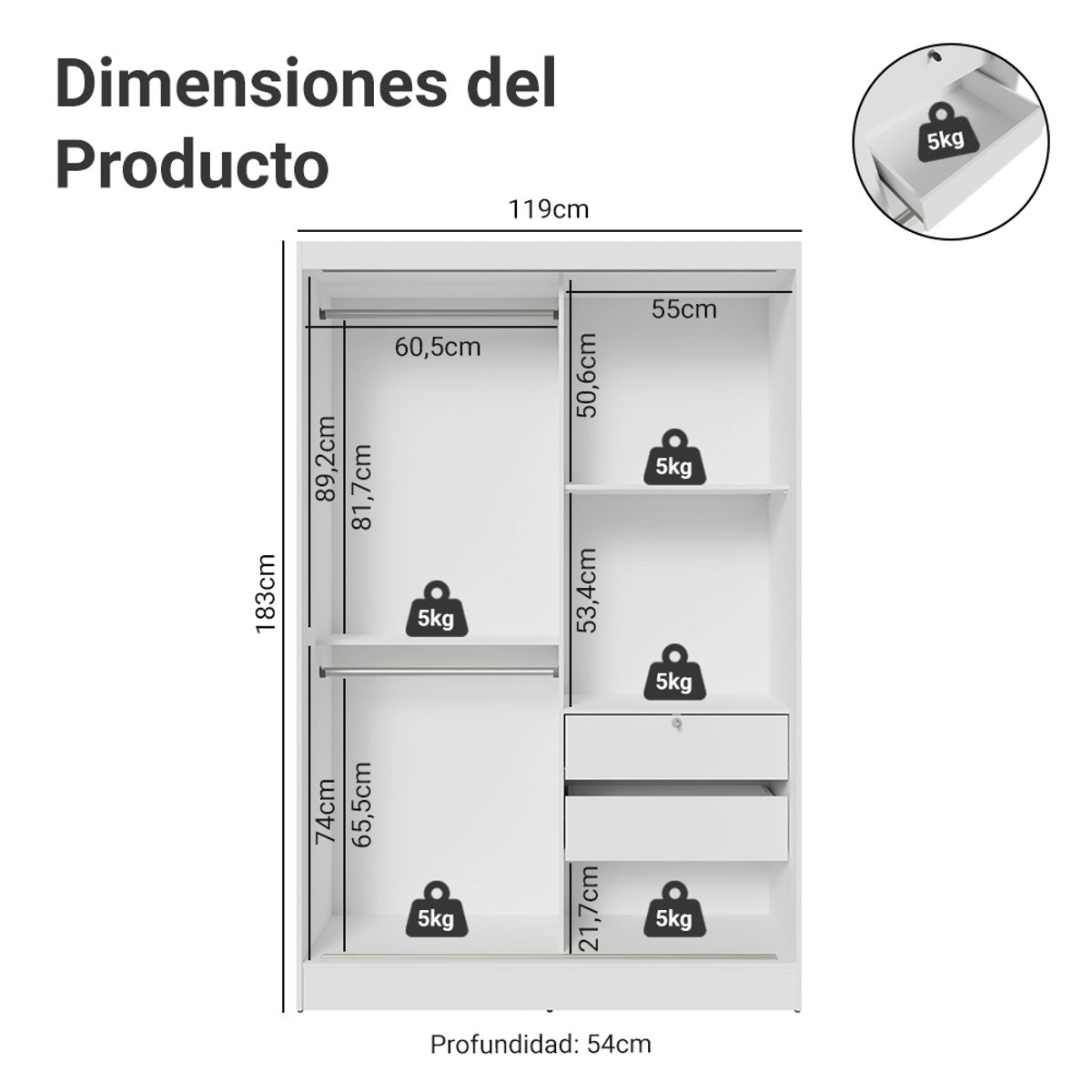 MADESA - Ropero Luke 2 Puertas Corredizas con Espejos