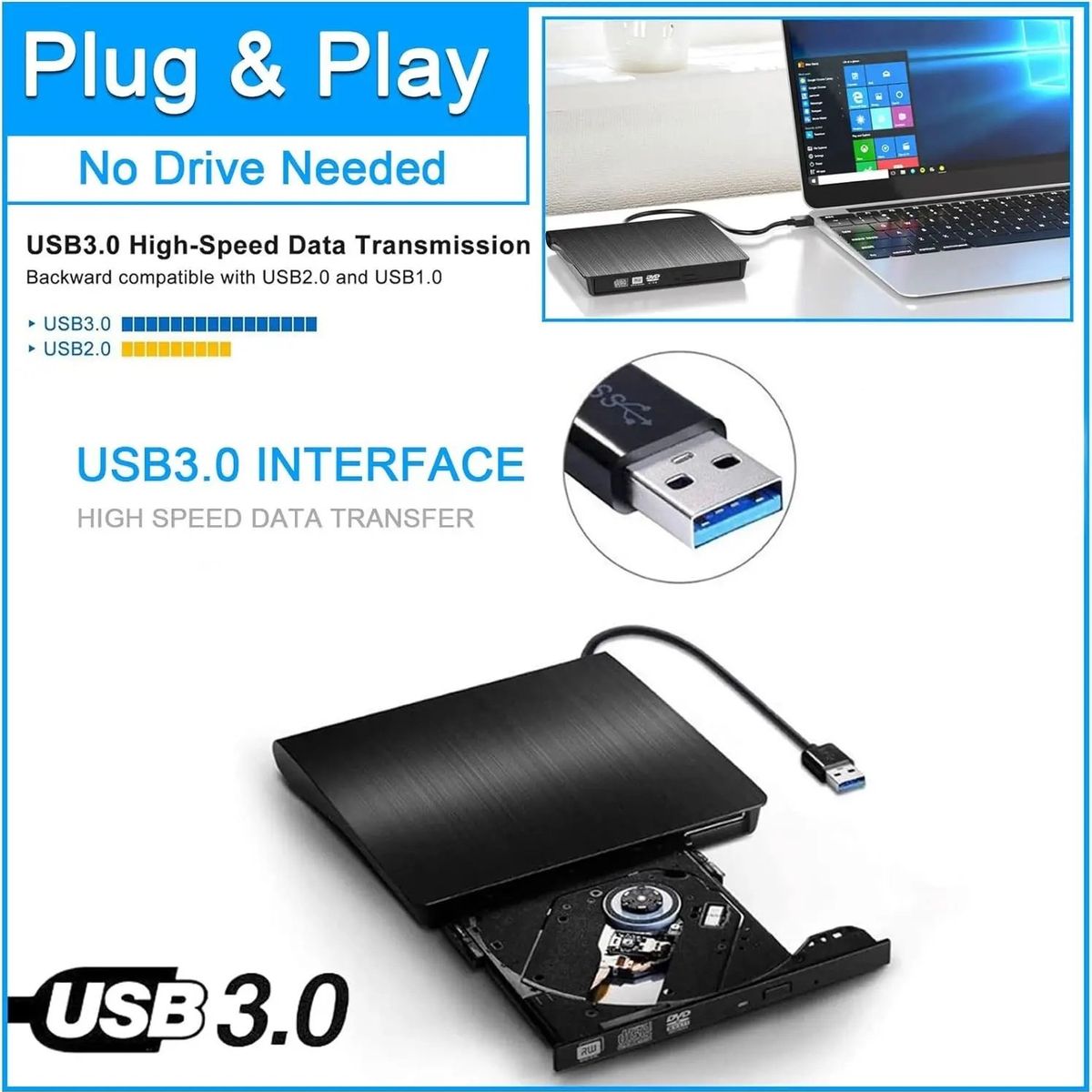OEM - Grabador Lector de DVD /CD Externo Portatil Usb 3.0