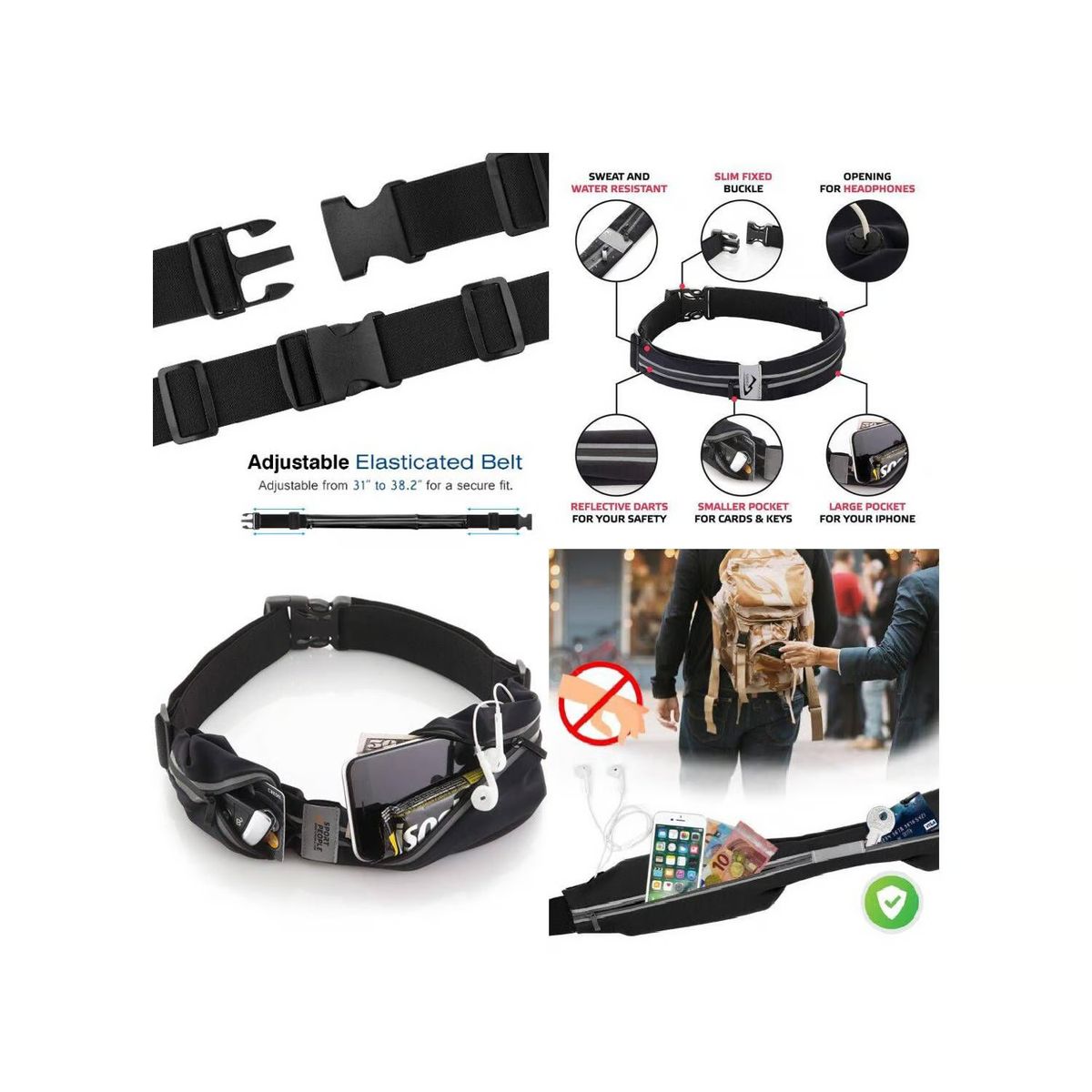 GENERICO - Canguro Cinturon Deportivo delgado Ultrafino Negro