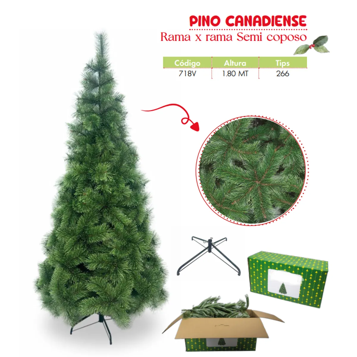 GENERICO - Árbol de navidad de 1 80mt. Rama x rama Semi coposo canadiense