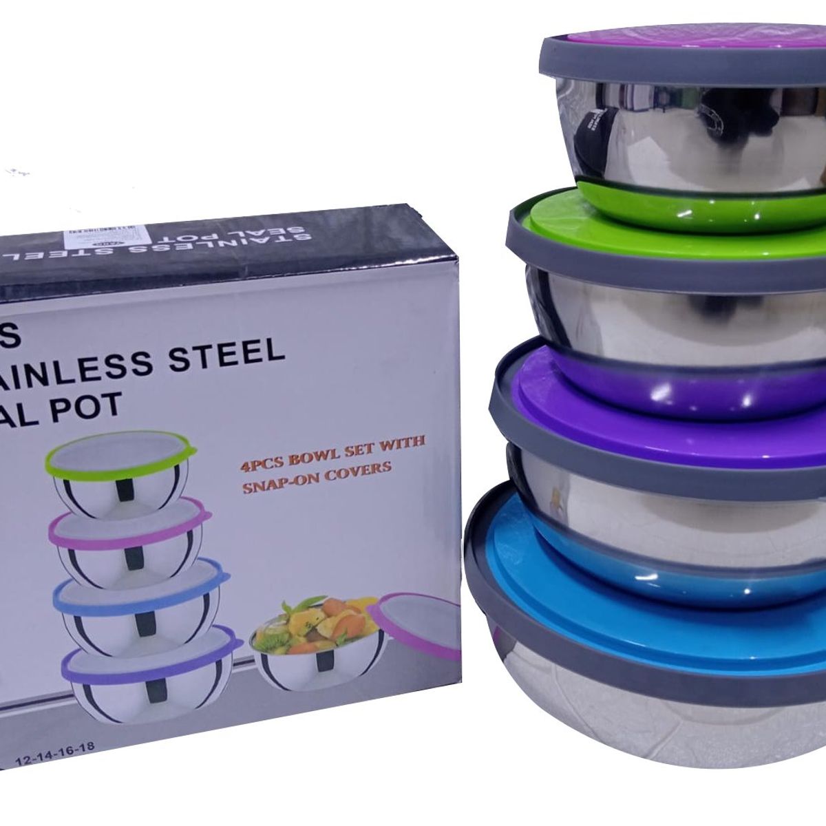 GENERICO - Juego de 4 Bowls o Tazones de Acero con tapa de colores 12,14,16 y18cm