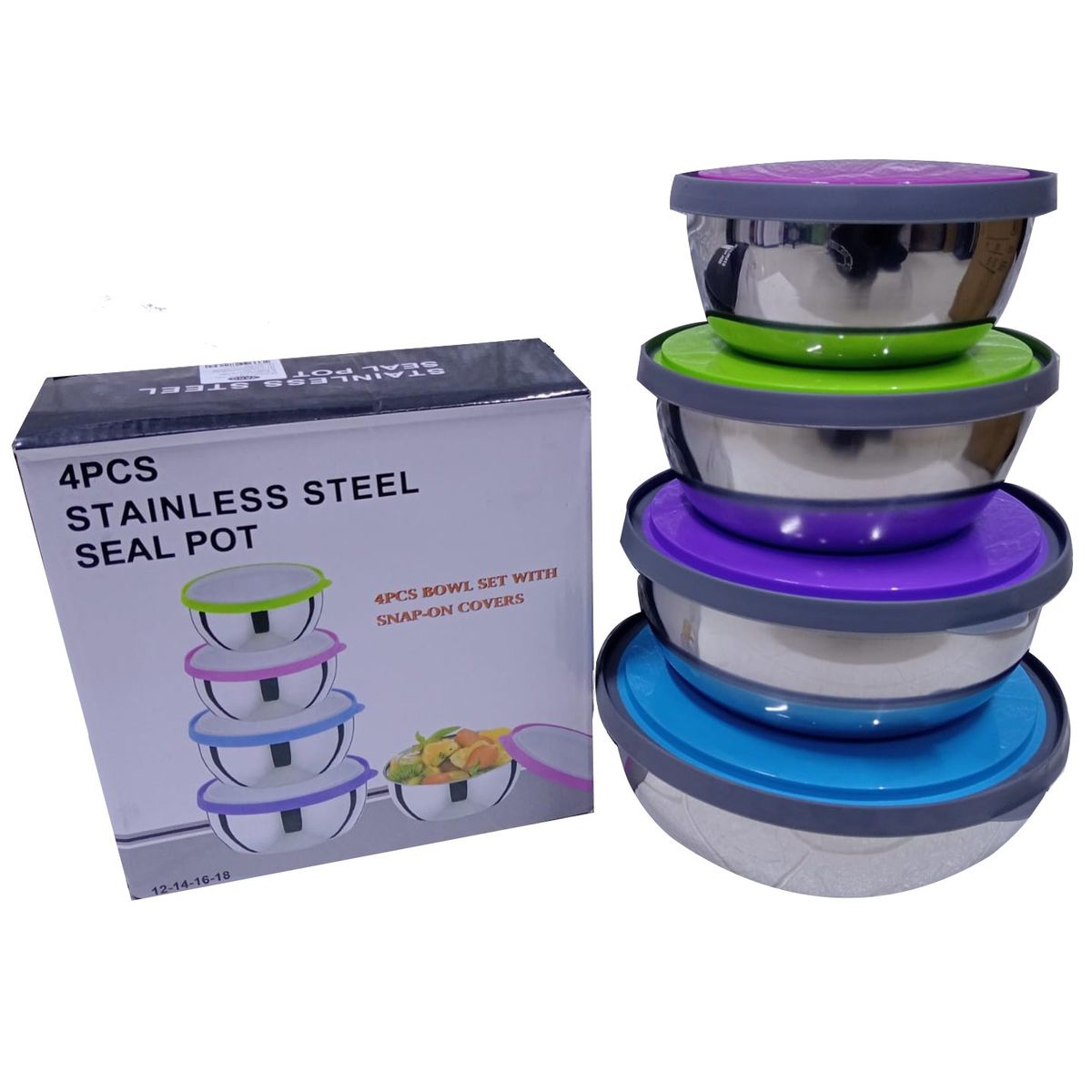 GENERICO - Juego de 4 Bowls o Tazones de Acero con tapa de colores 12,14,16 y18cm