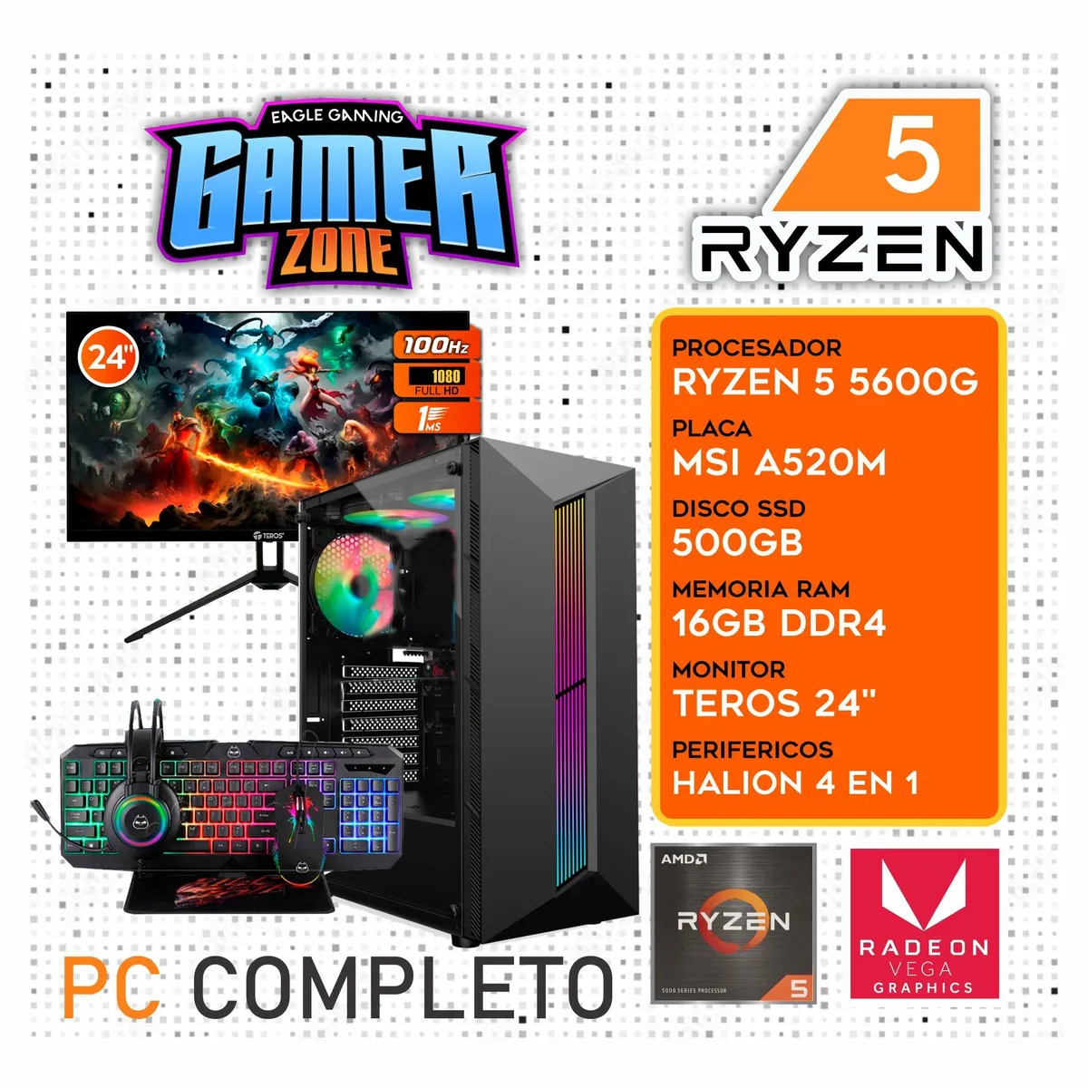 AMD - Computadora PC GAMER RYZEN 5 5600G RAM 16GB SSD 500GB Monitor 24" FULL HD