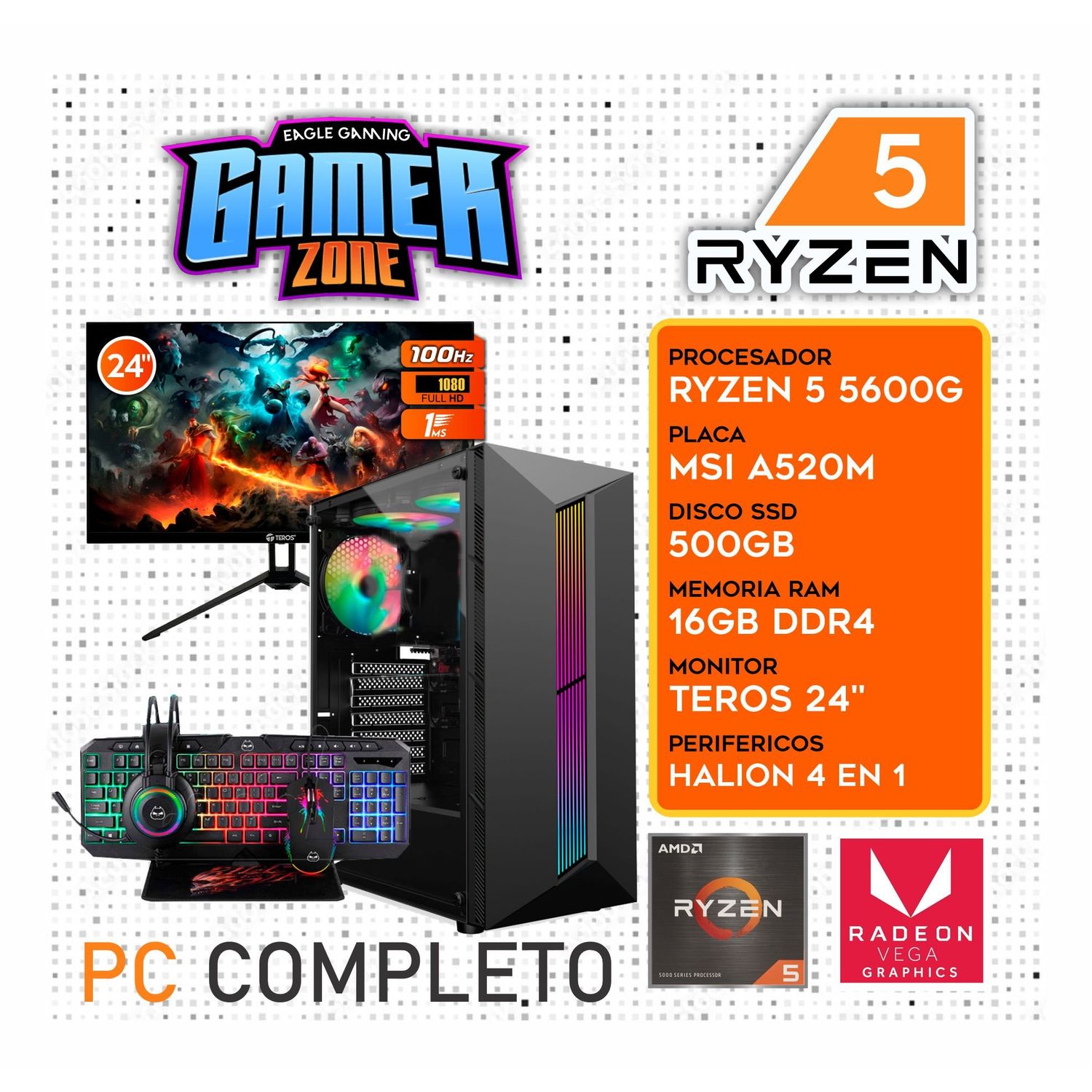 Computadora PC GAMER RYZEN 5600G RAM 16GB SSD 500GB Monitor 24