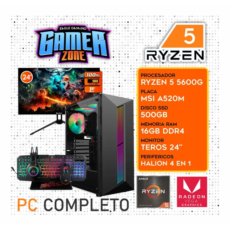 AMD - Computadora PC GAMER RYZEN 5 5600G RAM 16GB SSD 500GB Monitor 24" FULL HD