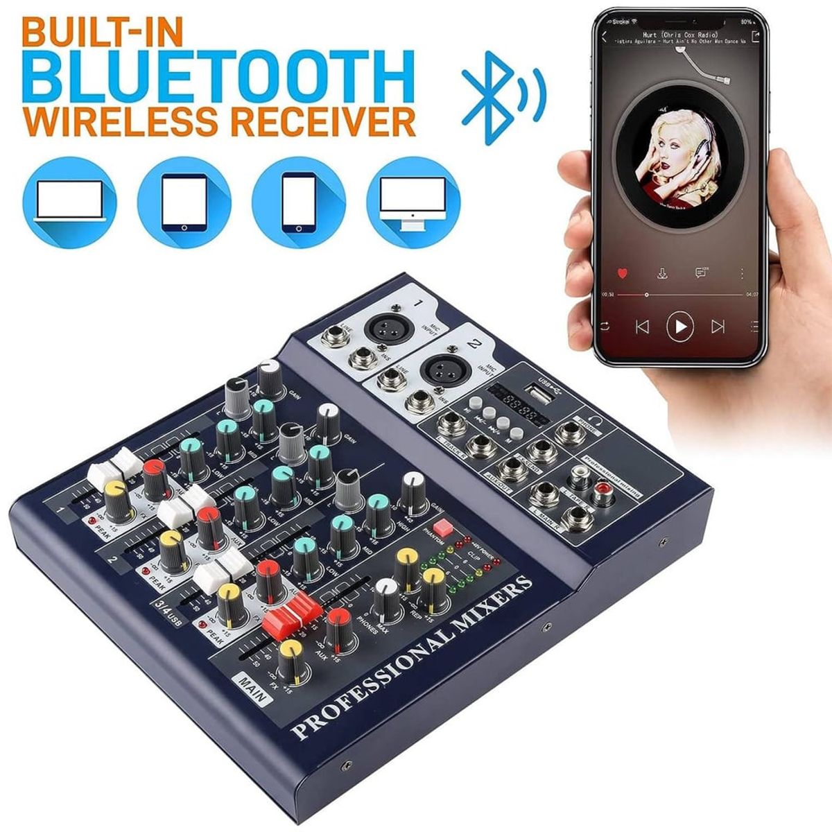 GENERICO - Mezclador de audio portatil con bluetooth USB DJ karaoke 48V 4 canales