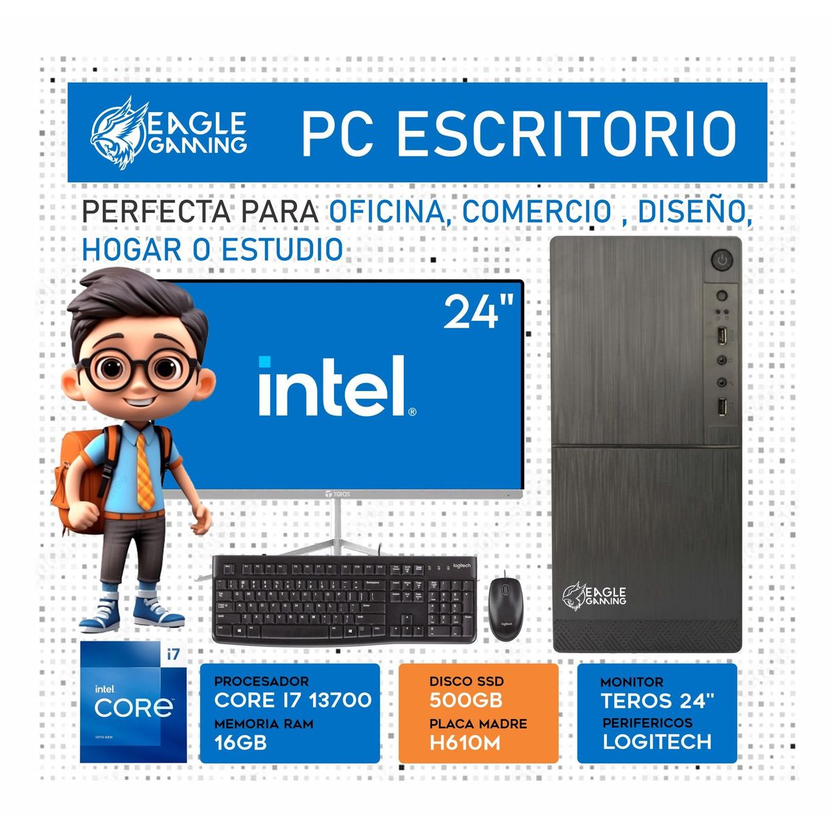 INTEL - Computadora PC Intel Core i7 13700 RAM 16GB SSD 500GB Monitor 24 FHD webcam