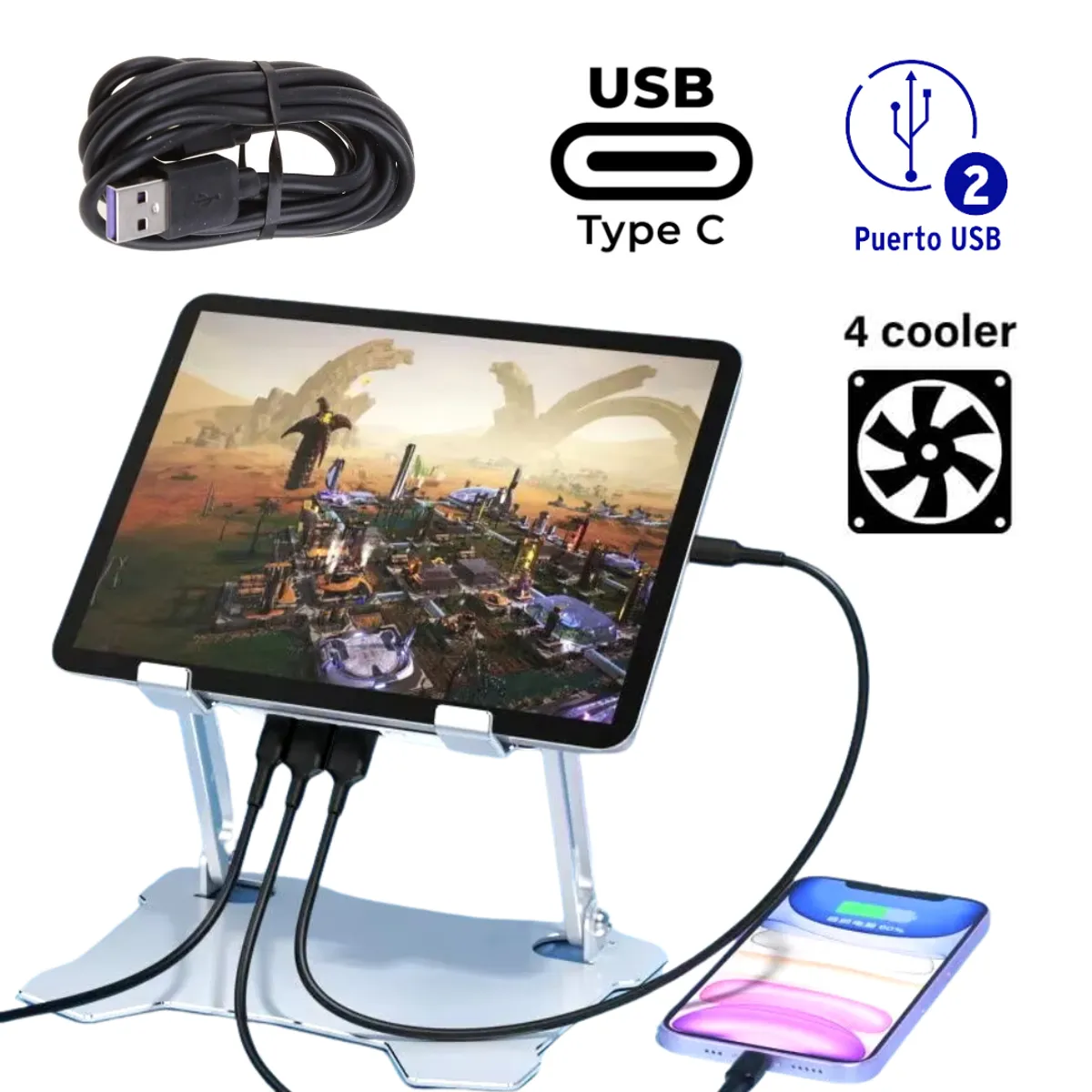 SEISA - Soporte Ventilador De Aluminio Para Tablet Ajustable Cooler Plegable
