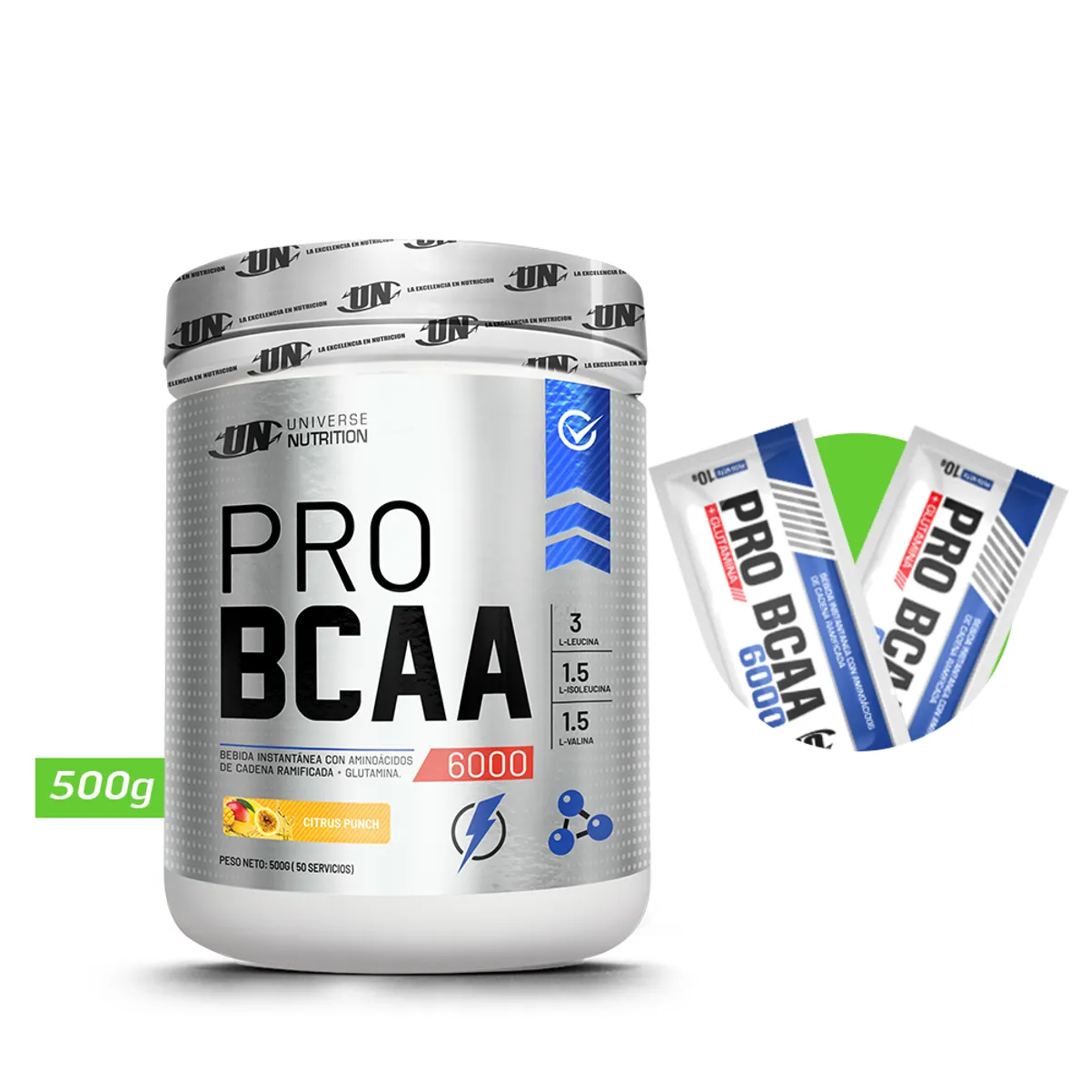 UNIVERSE NUTRITION - Pro bcaa 6000 500gr aminoácidos un citrus punch + regalos