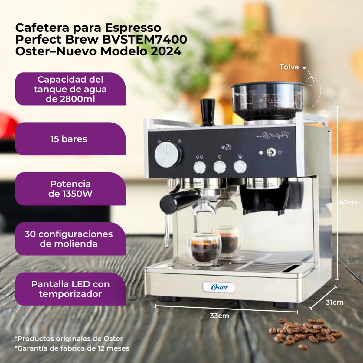 OSTER - Cafetera OSTER Perfect Brew Profesional BVSTEM7400 con Molinillo Integrado 15 Bares