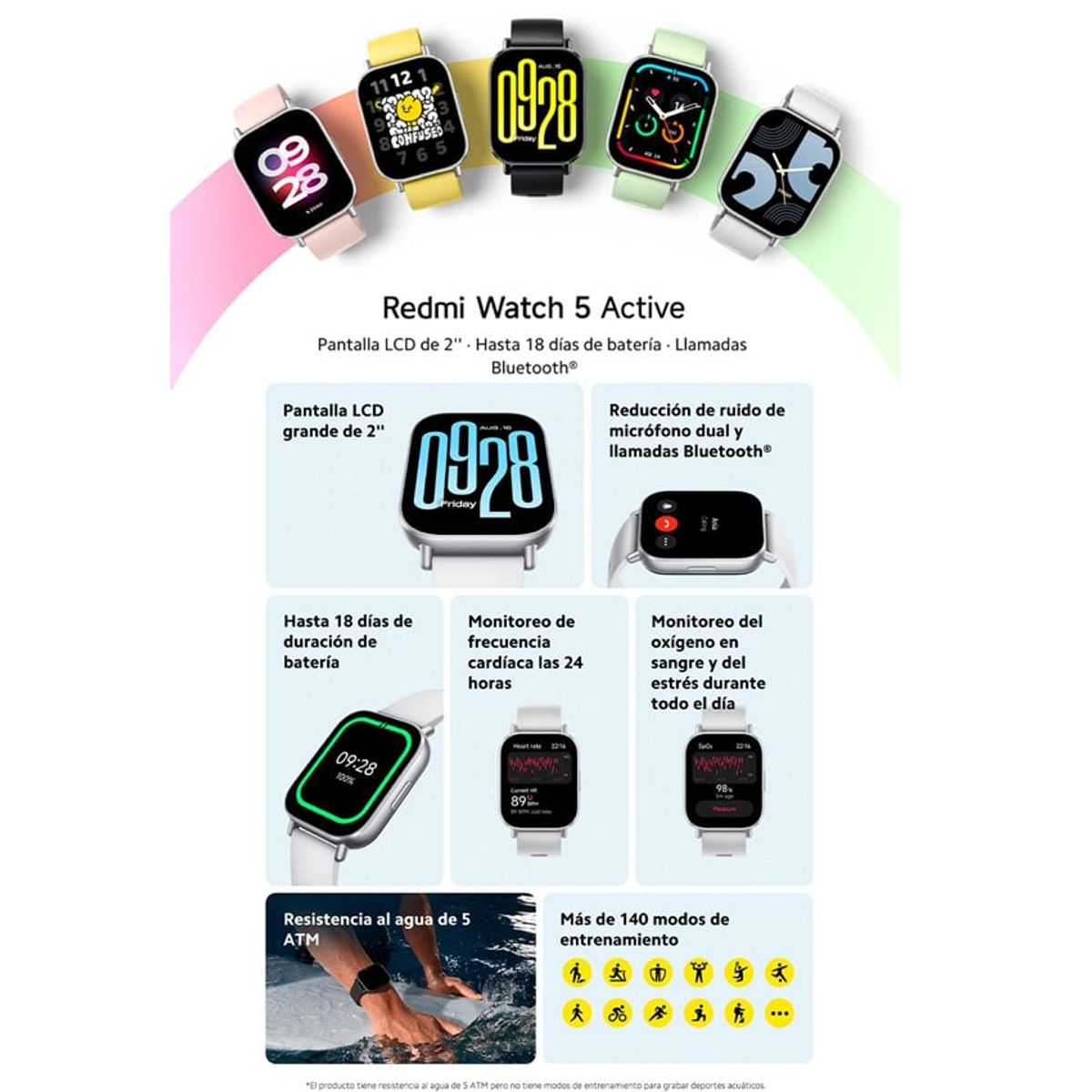 XIAOMI - Smartwatch Xiaomi Redmi Watch 5 Active, SpO2, Altavoz, Microfono