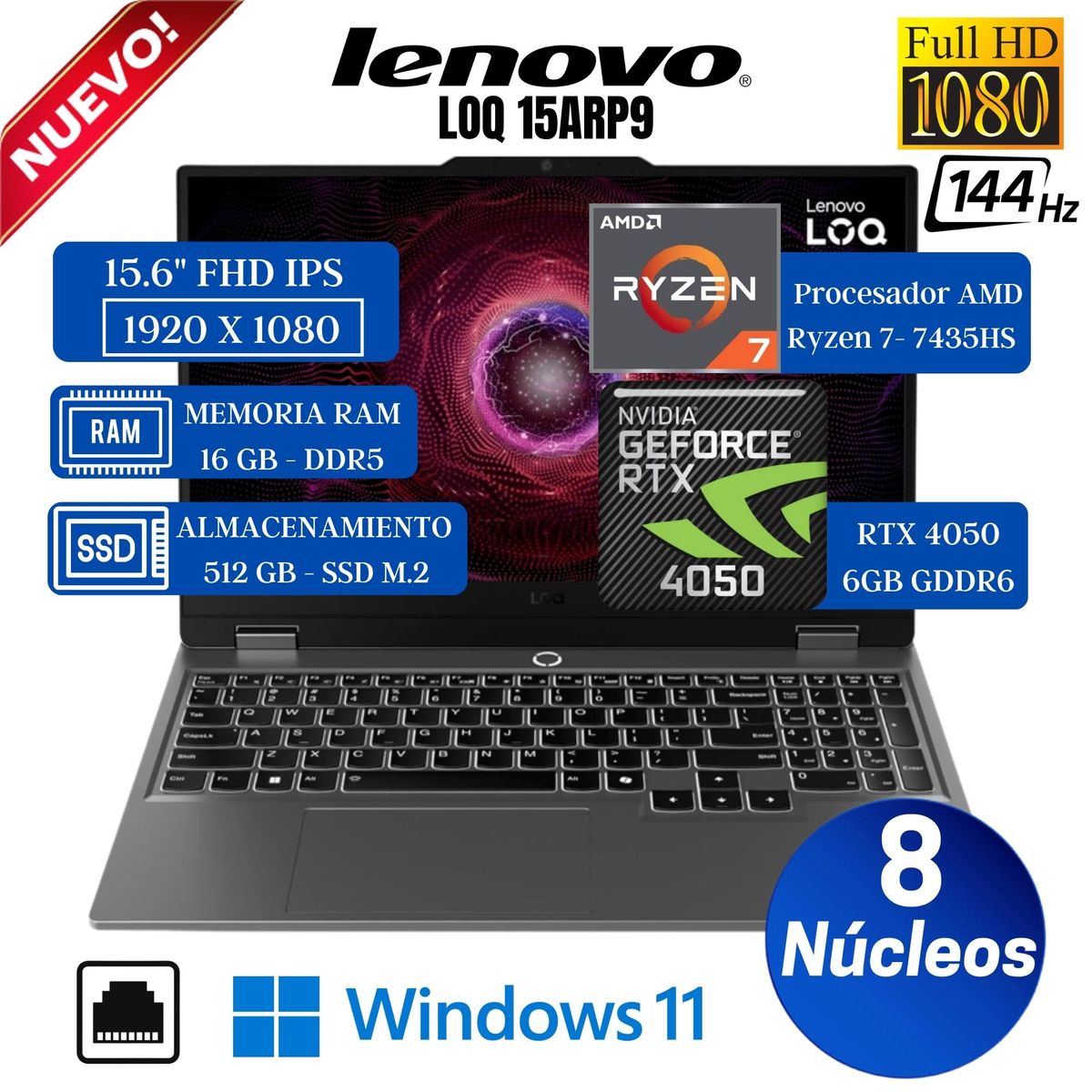 LENOVO - Laptop Lenovo LOQ 15ARP9 15.6" FHD IPS, AMD RYZEN 7-7435HS, Ram 16GB, Ssd 512GB, Rtx 4050, Win 11