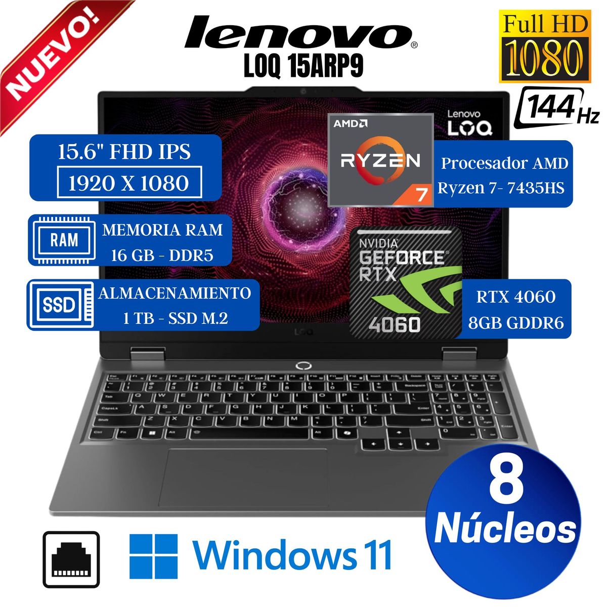 LENOVO - Laptop Lenovo LOQ 15ARP9 15.6" FHD IPS, AMD Ryzen 7-7435HS, Ram 16GB, Ssd 1 TB, Rtx 4060 8GB, Win 11