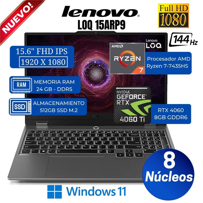 LENOVO - Laptop Lenovo LOQ 15ARP9 15.6"  FHD IPS, AMD RYZEN 7-7435HS, Ram 24GB, Ssd 512GB, Rtx 4060, Win 11