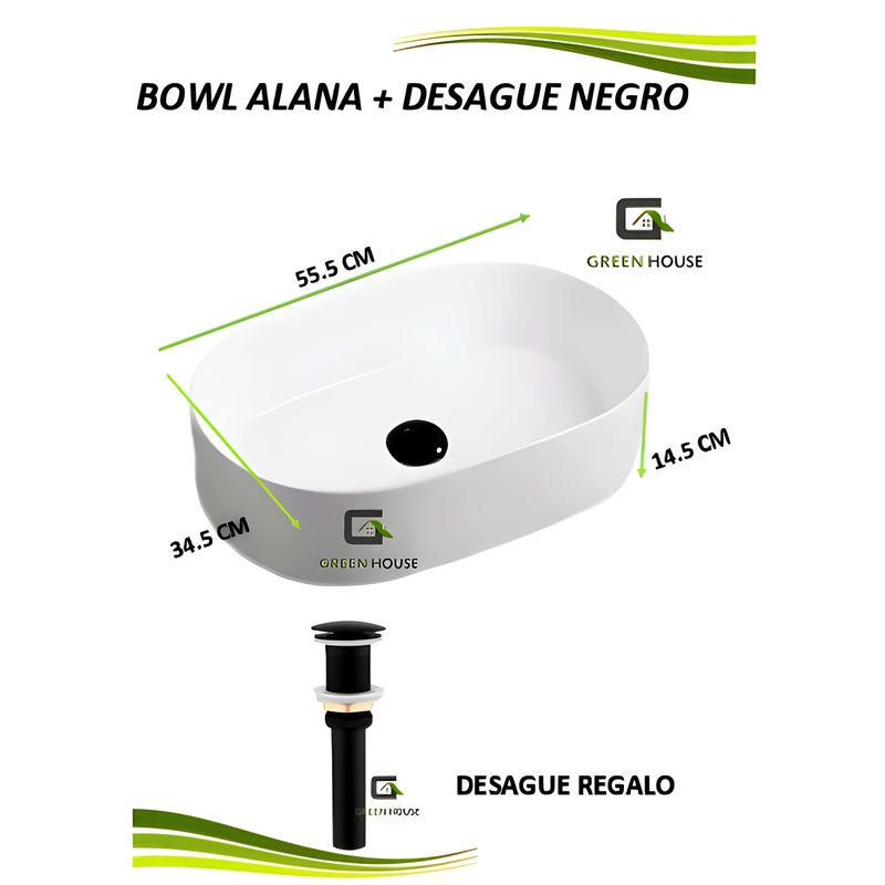 GREEN HOUSE - LAVAMANOS BOWL  ALANA  - ENLOZADO  BLANCO + DESAGUE NEGRO