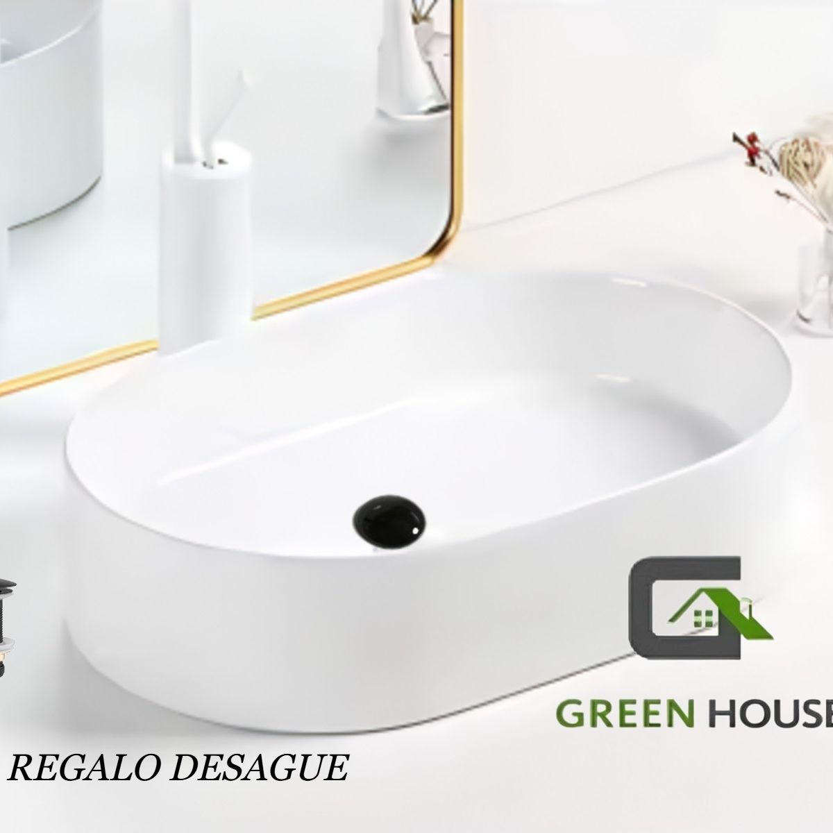 GREEN HOUSE - LAVAMANOS BOWL  ALANA  - ENLOZADO  BLANCO + DESAGUE NEGRO