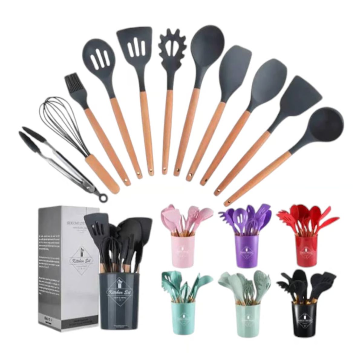 GENERICO - Pack de 12 Utensilios de Cocina de Silicona Antiadherente-ColorVariado