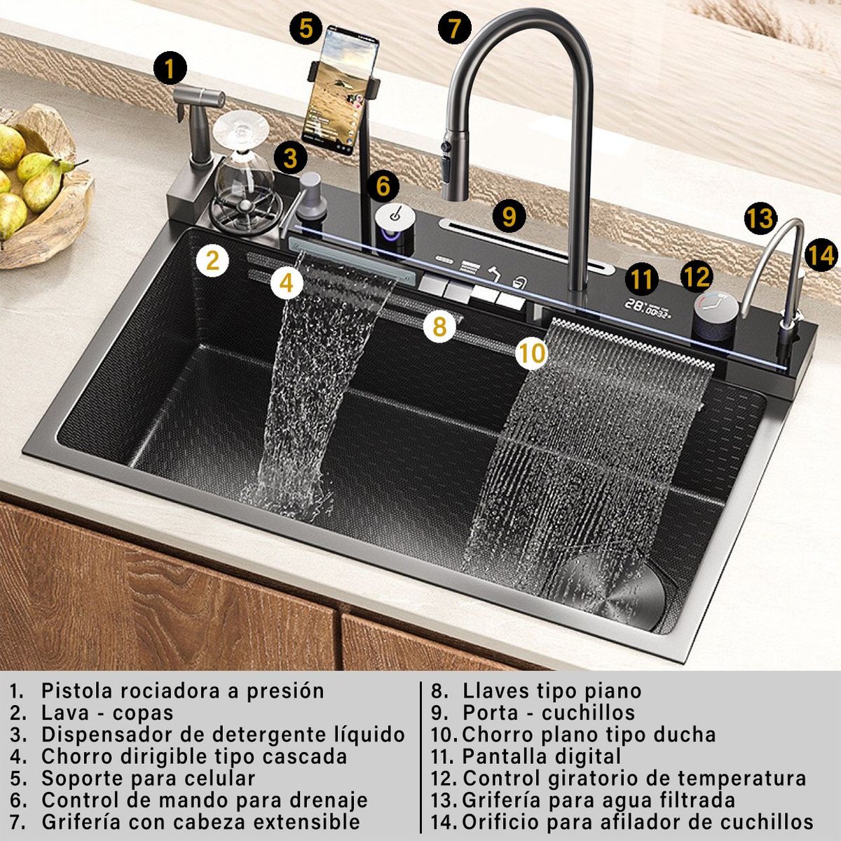 HIGRILL - Lavadero Multifuncional de Acero Inoxidable 4 teclas y pantalla Led