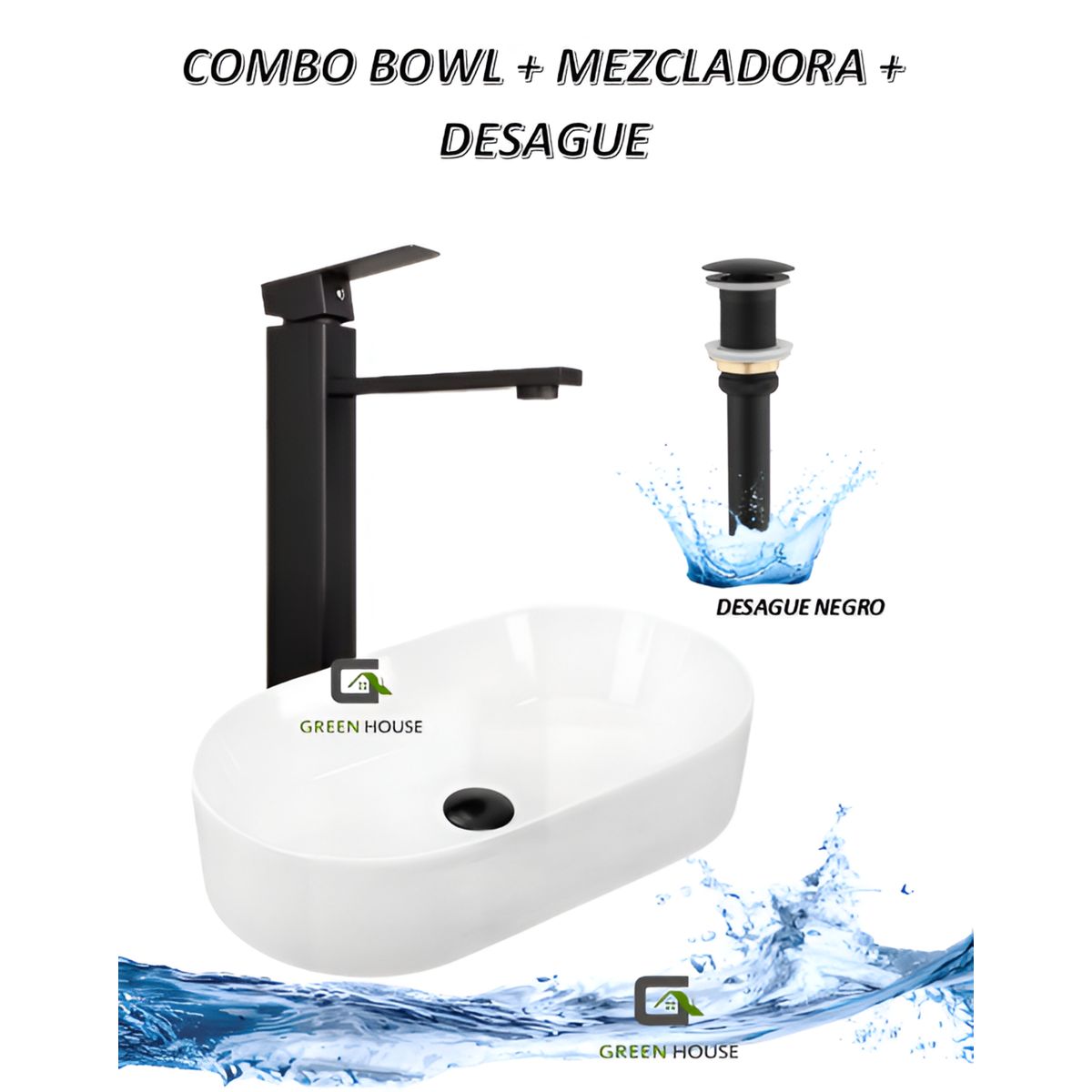 GREEN HOUSE - COMBO G1 LAVATORIO  ALANA  BLANCO + MEZCLADORA MONOMANDO NEGRO