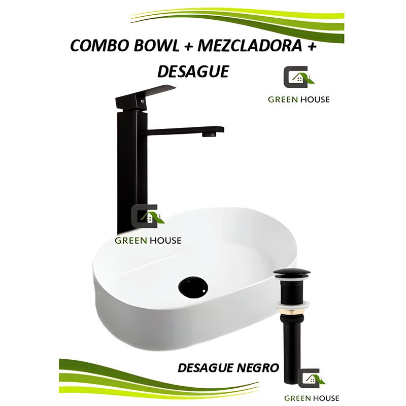 GREEN HOUSE - COMBO G1 LAVATORIO  ALANA  BLANCO + MEZCLADORA MONOMANDO NEGRO