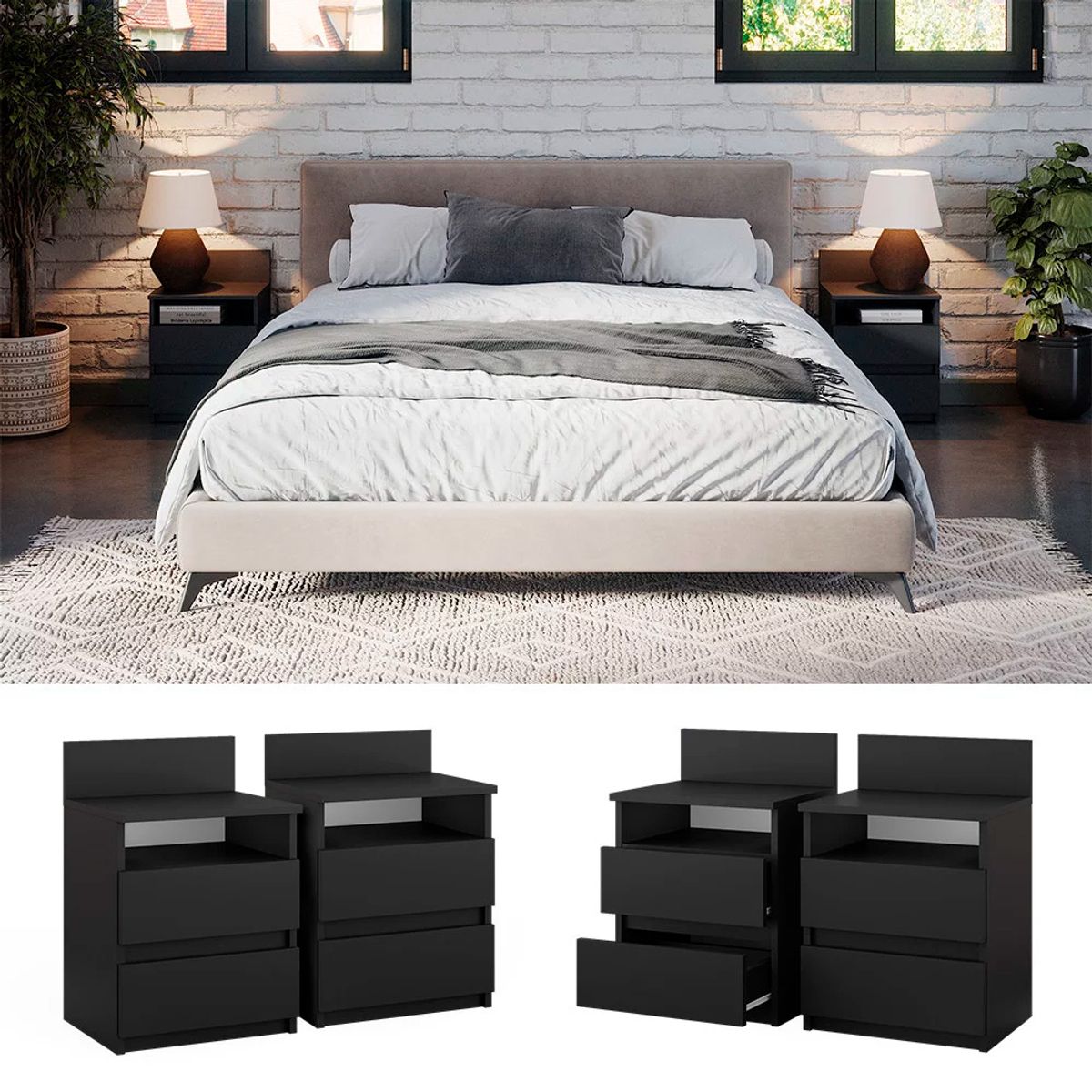 GENERICO - Velador Mesa De Noche Cark Negro 2 Unid. - Gaudi