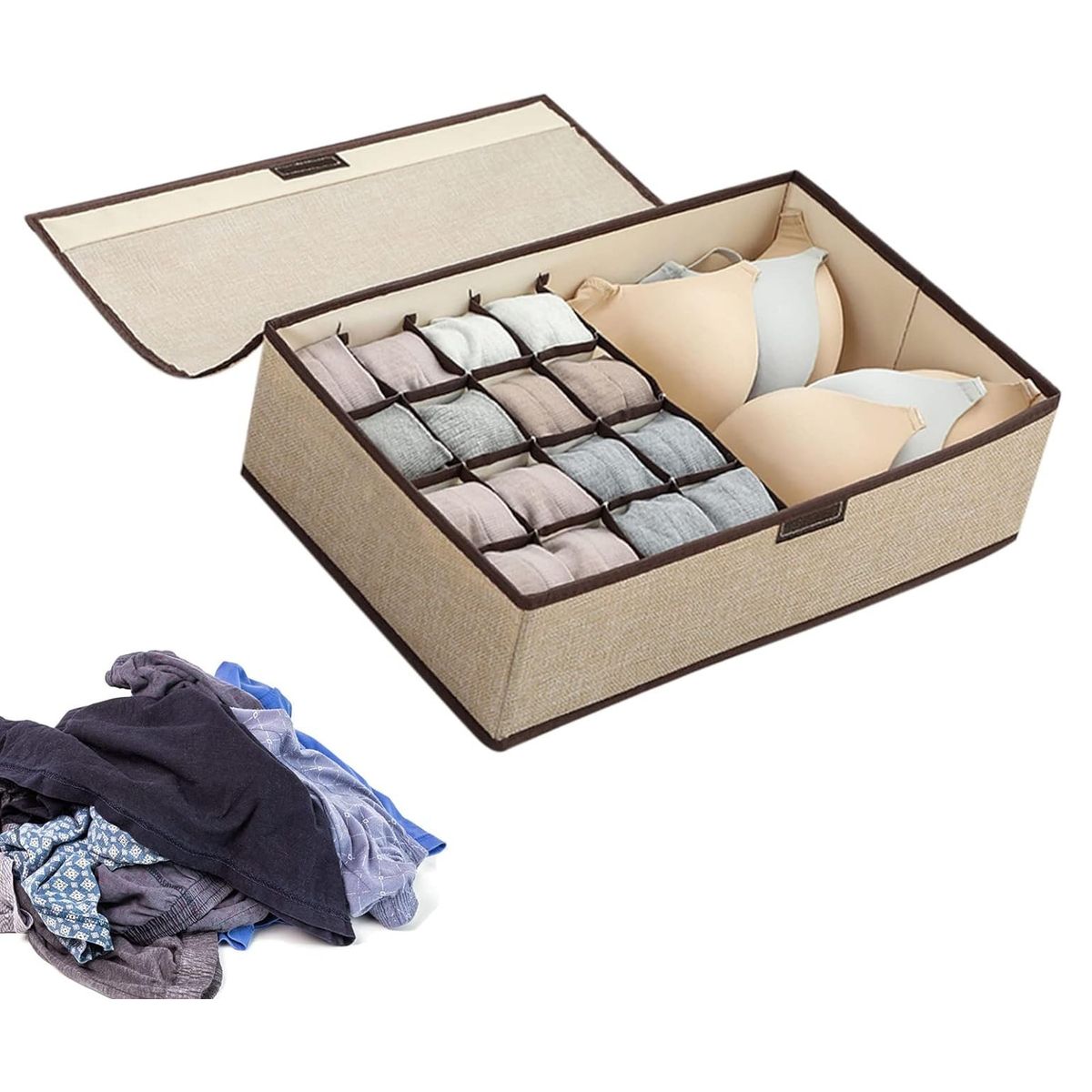 GENERICO - Pack x 2 Cajas de Almacenamiento de Ropa Interior con Tapa Crema