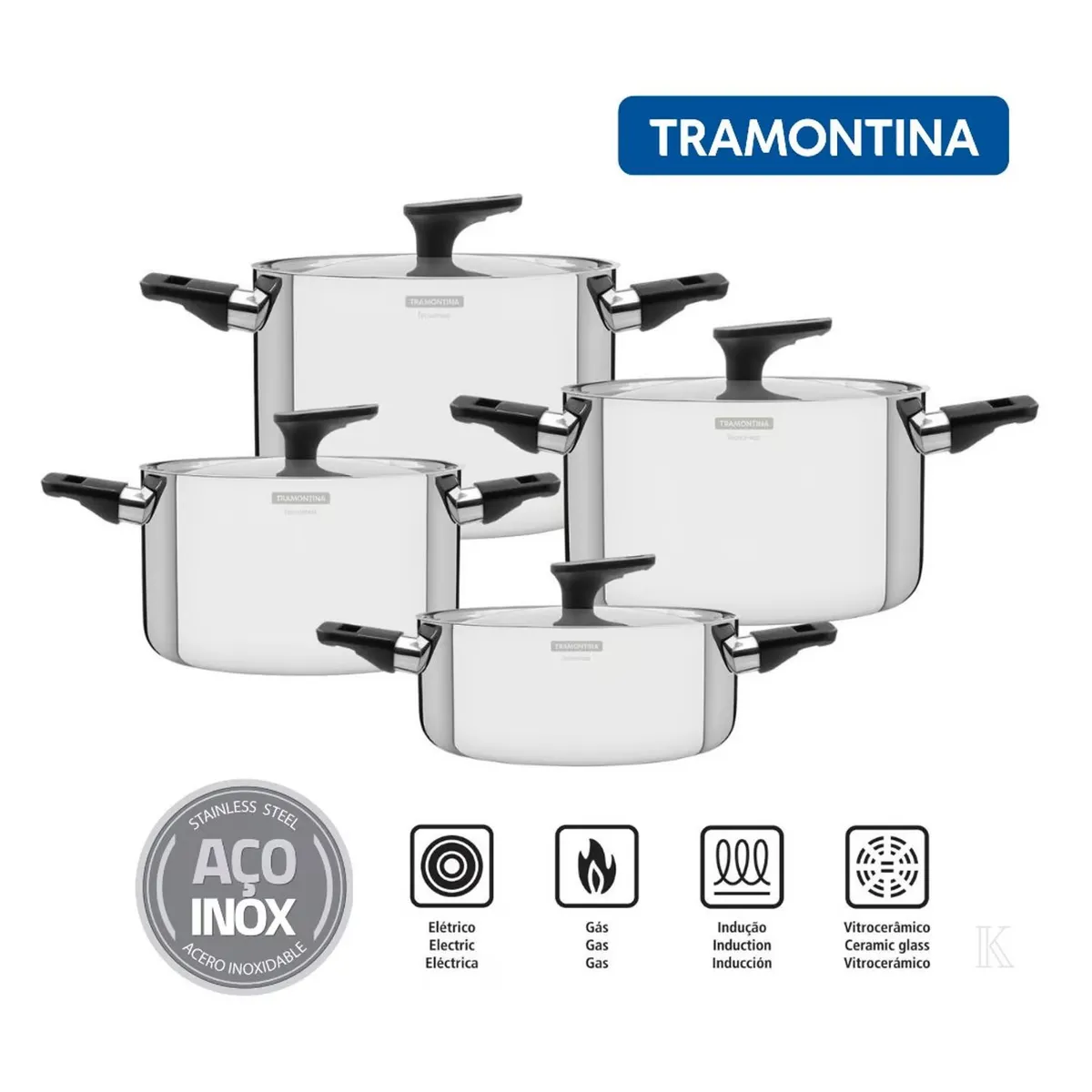 TRAMONTINA - Juego De Ollas 8 Piezas Acero Inoxidable Grano Con Mango Baquelita