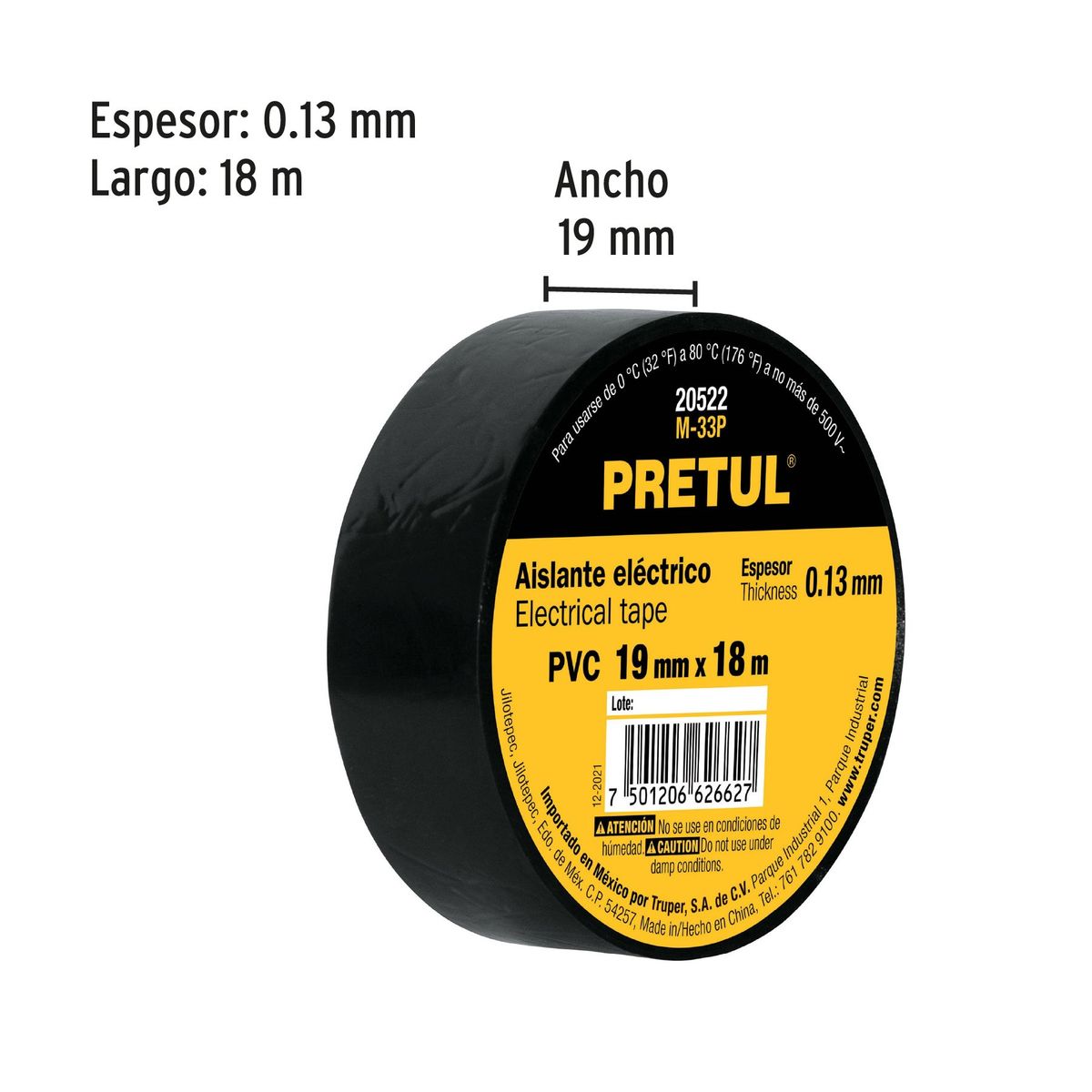 PRETUL - Cinta Aislante 19mm x 18m Negro 20522 Pretul