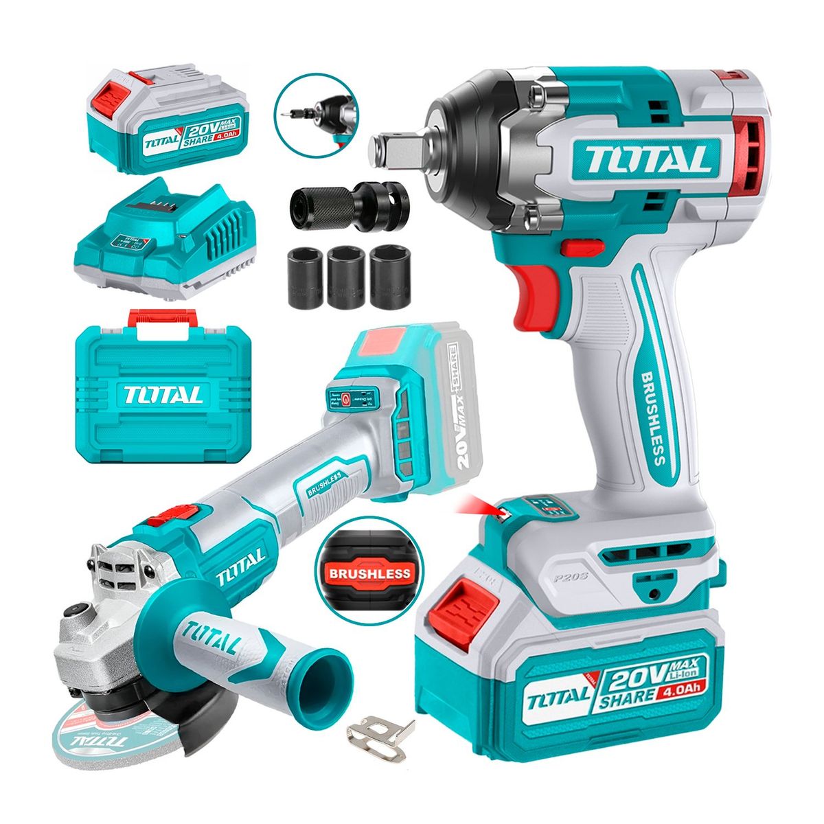 TOTAL TOOLS - LLAVE IMPACTO 20V + AMOLADORA BRUSHLESS + ADAPTADOR ½ TOTAL