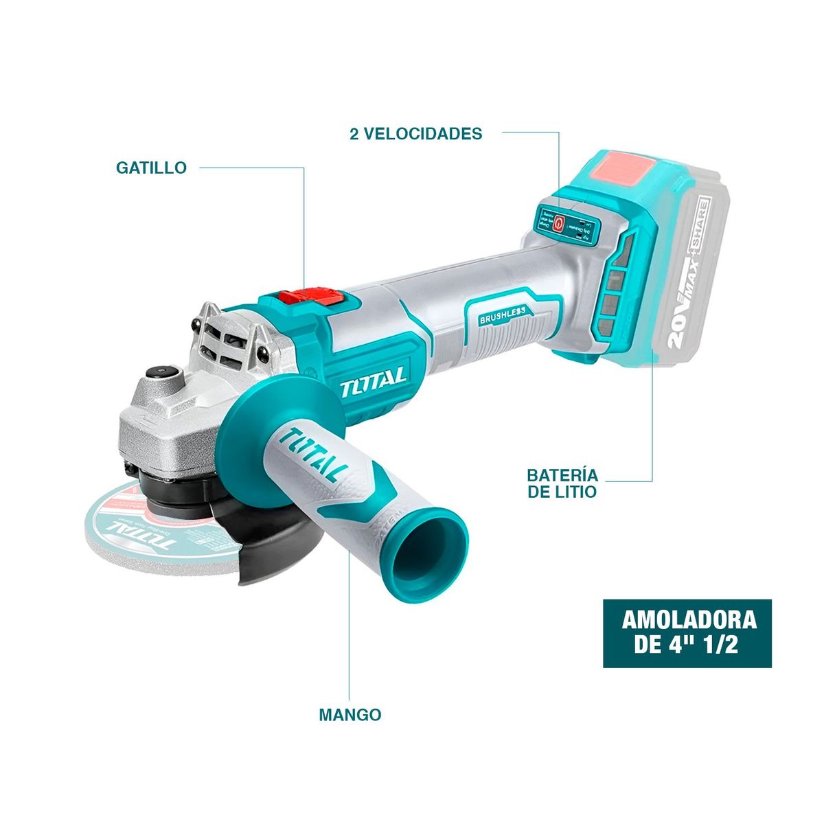 TOTAL TOOLS - LLAVE IMPACTO 20V + AMOLADORA BRUSHLESS + ADAPTADOR ½ TOTAL