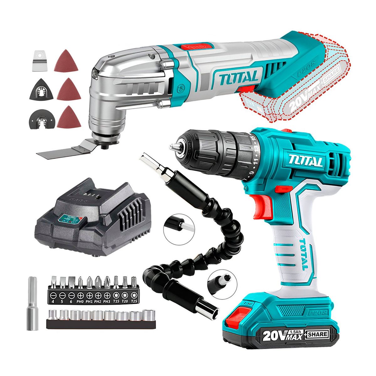 Total Tools - TALADRO ATORNILLADOR 20V+ RECTIFICADOR MULFUNCIÓN +21 ACCESORIOS