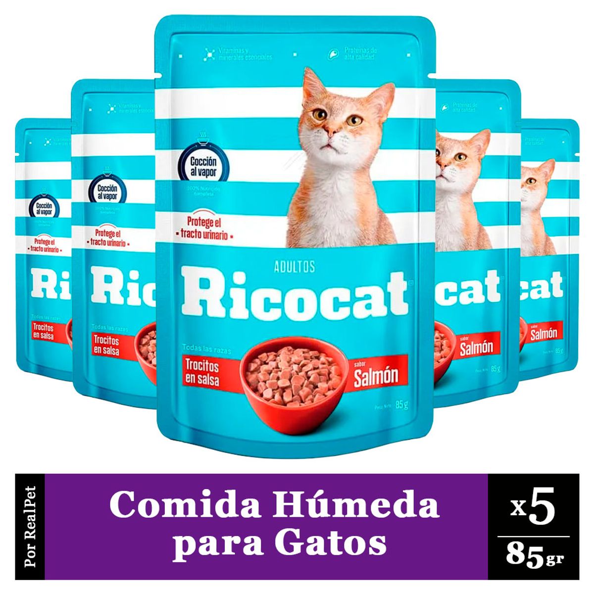 RICOCAT - Pack x5 Comida Húmeda para Gato Ricocat Salmón 85gr