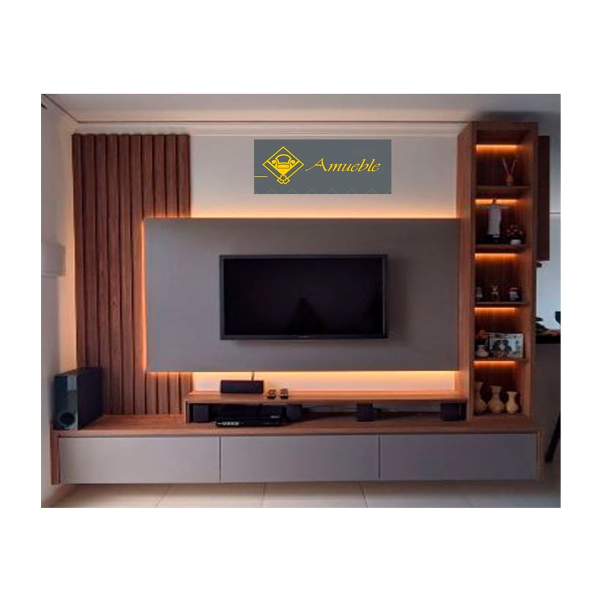 AMUEBLE - Centro de Entretenimiento, panel de TV  ANDREW  platino, Melamina