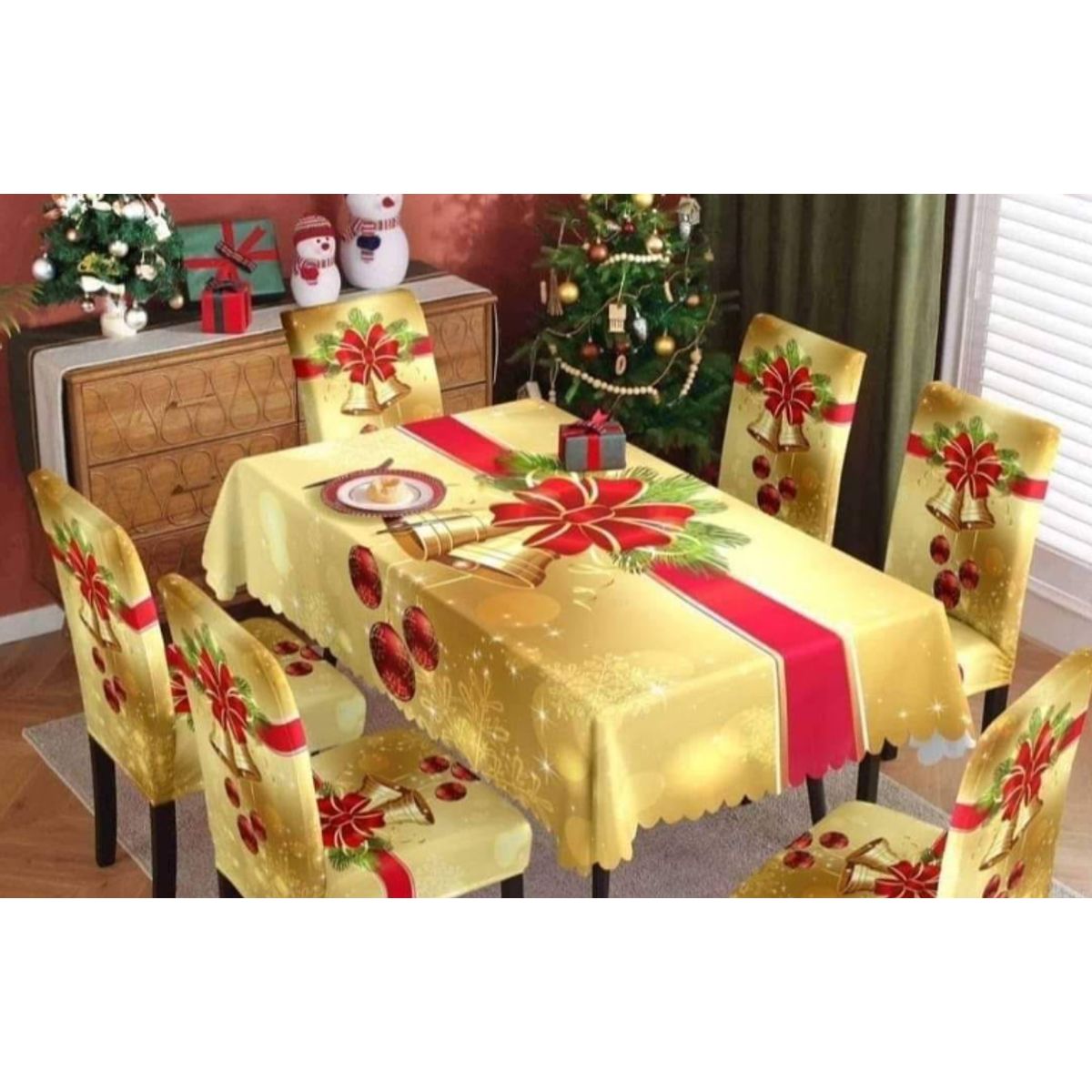 GENERICO - Mantel Navideño + 06 Forros Funda De Silla Decoración Navidad