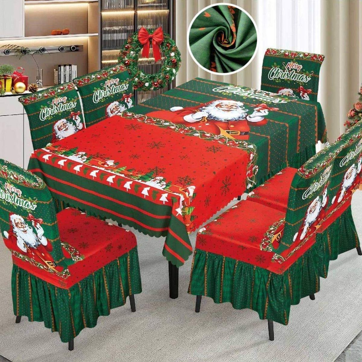 GENERICO - Mantel Navideño + 06 Forros Funda De Silla Decoración Navidad