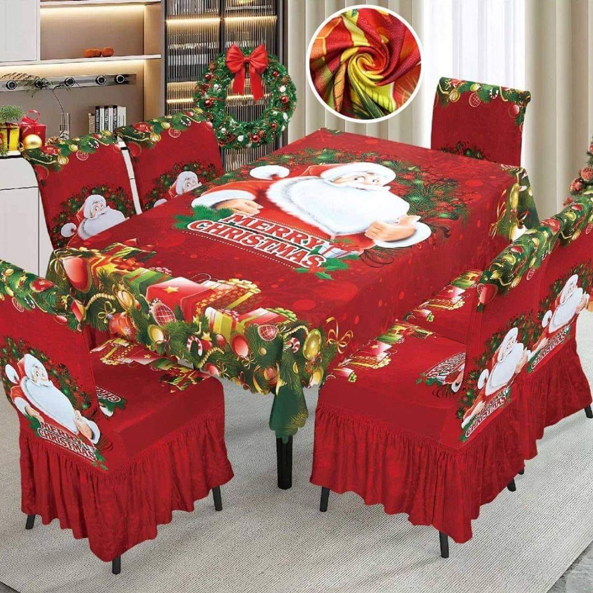 GENERICO - Mantel Navideño + 06 Forros Funda De Silla Decoración Navidad