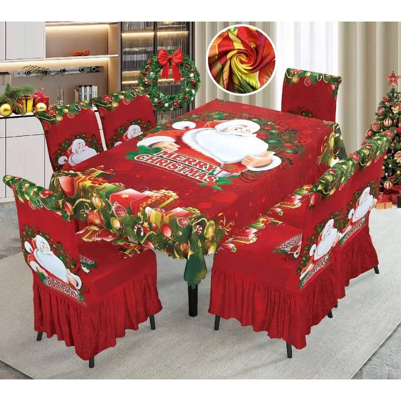 GENERICO - Mantel Navideño + 06 Forros Funda De Silla Decoración Navidad