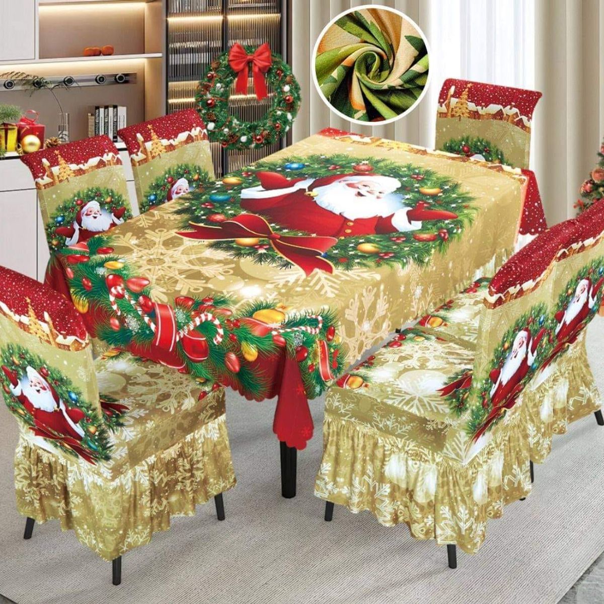 GENERICO - Mantel Navideño + 06 Forros Funda De Silla Decoración Navidad