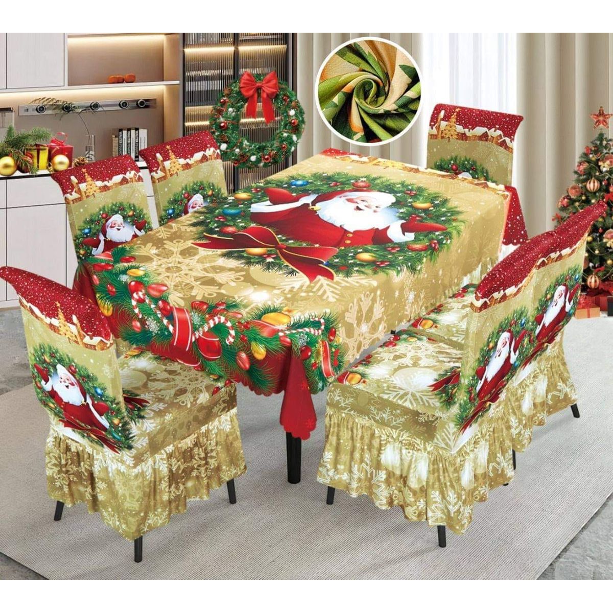 GENERICO - Mantel Navideño + 06 Forros Funda De Silla Decoración Navidad